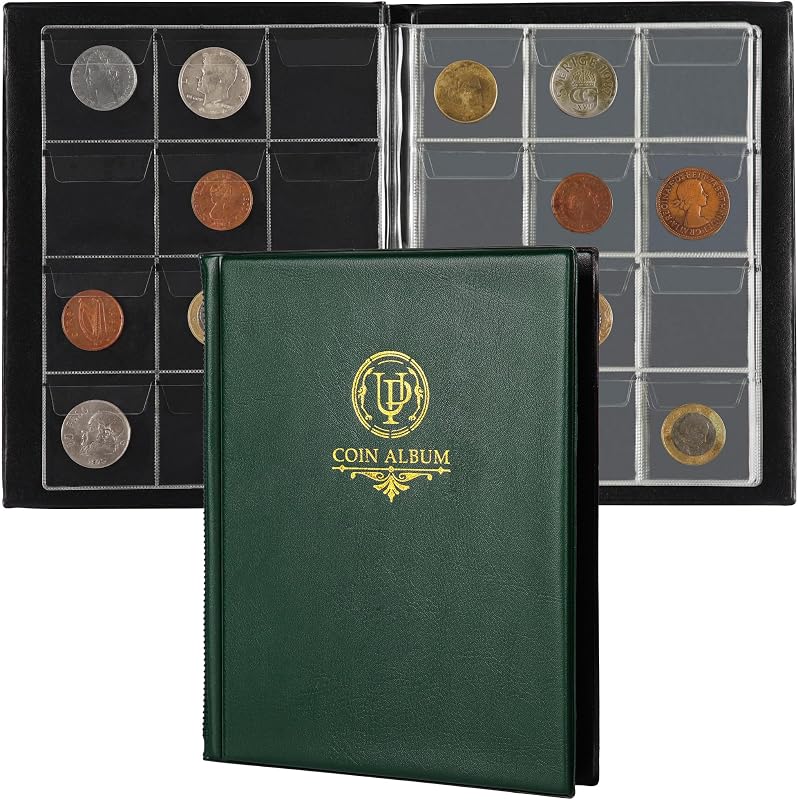 120 Pockets Coin Album - 10 Pages,45x43 mm Grid Holder,Green | Uncle Paul Coin Collecting Book with for Pounds Pence Cents Dollars Nickel CS48120GR