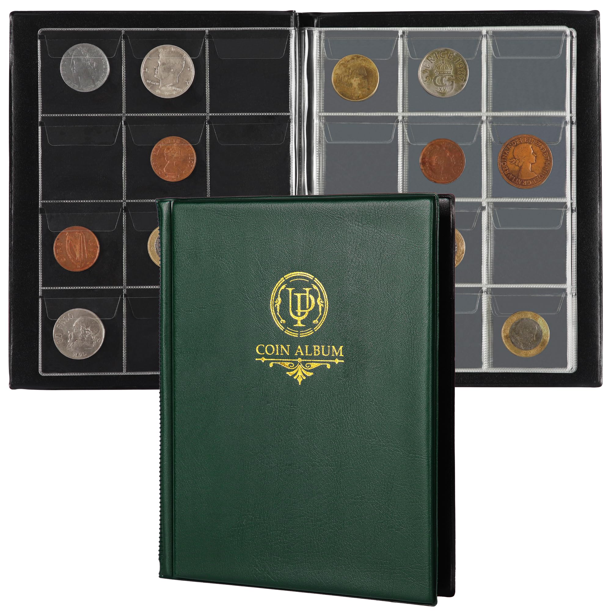 120 Pockets Coin Album - Coin Collecting Book with 10 Pages, 45x43 mm Grid Holder for Pounds Pence Cents Dollars Nickel (Green) CS48120GR