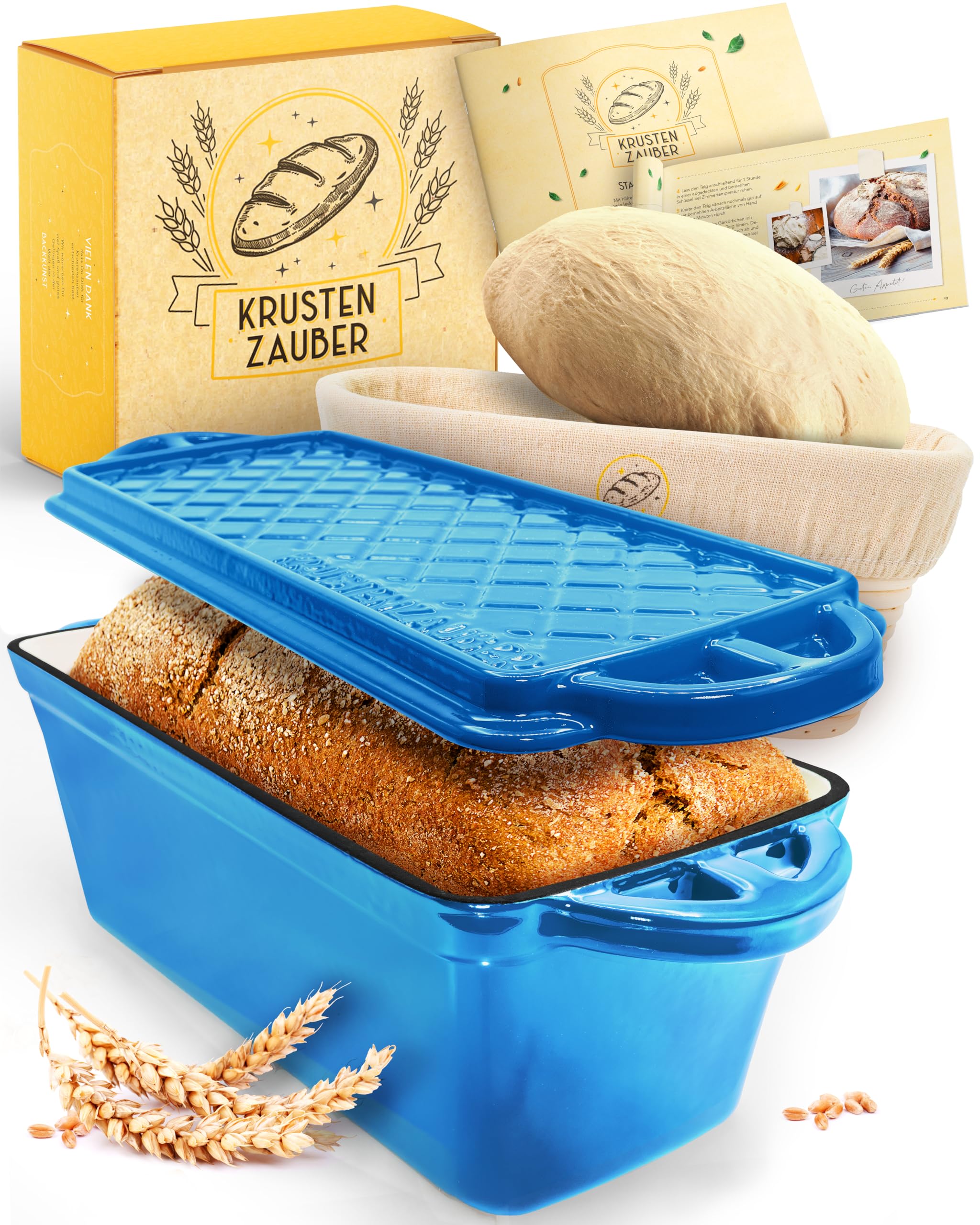 KRUSTENZAUBER Emaille Brotbackfrom mit Deckel inkl. Gärkorb - Robuste 28cm Backform aus Gusseisen - Ideal als Kastenform, Toastbrot Backform, Brotform, Gusseisen Topf Brot backen Zubehör, Brottopf
