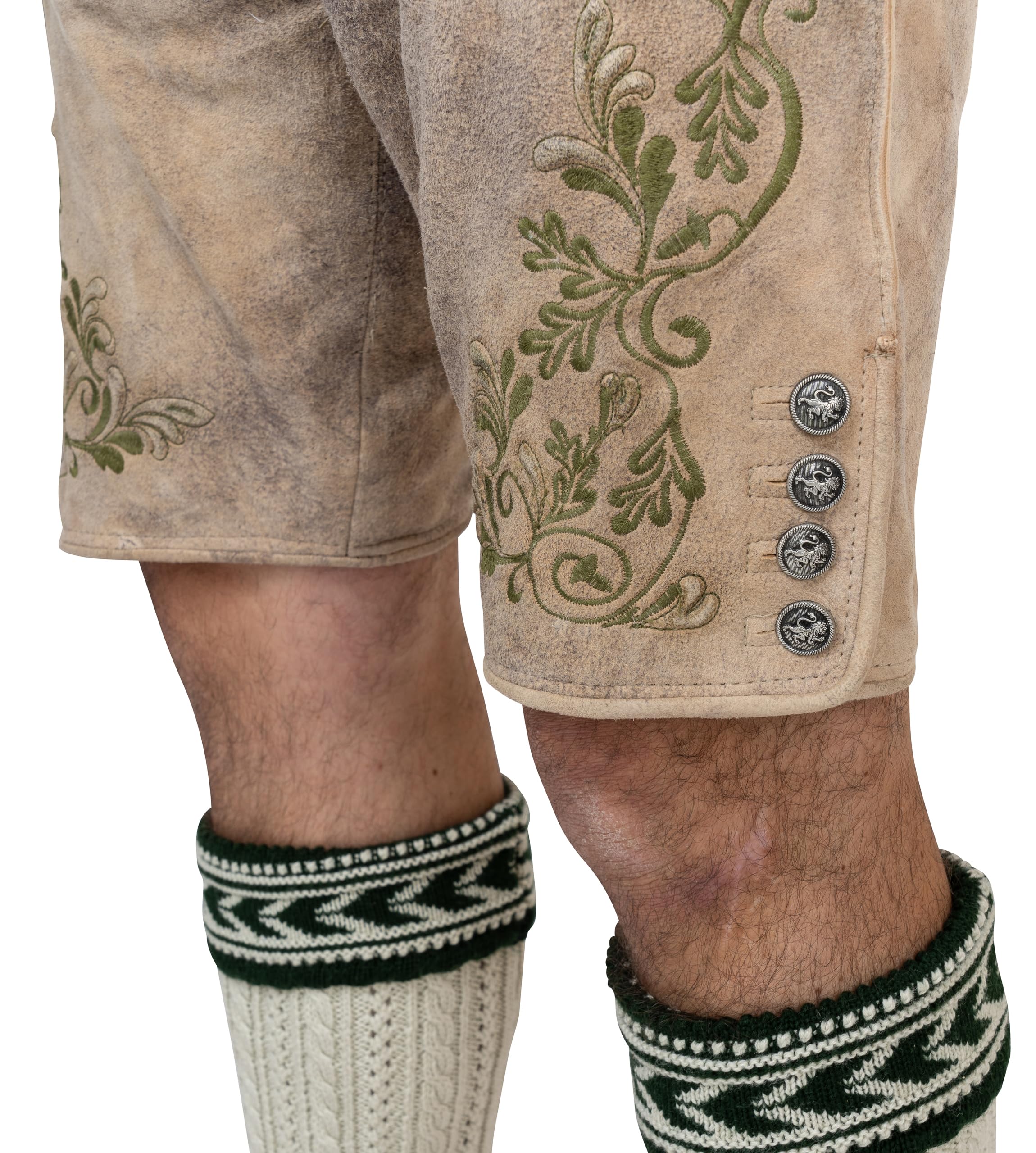 Schöneberger Trachten Couture Herren Lederhose kurz, Original Antik Wildbock Trachtenhose für Oktoberfest, grüne Stickereien, Franz