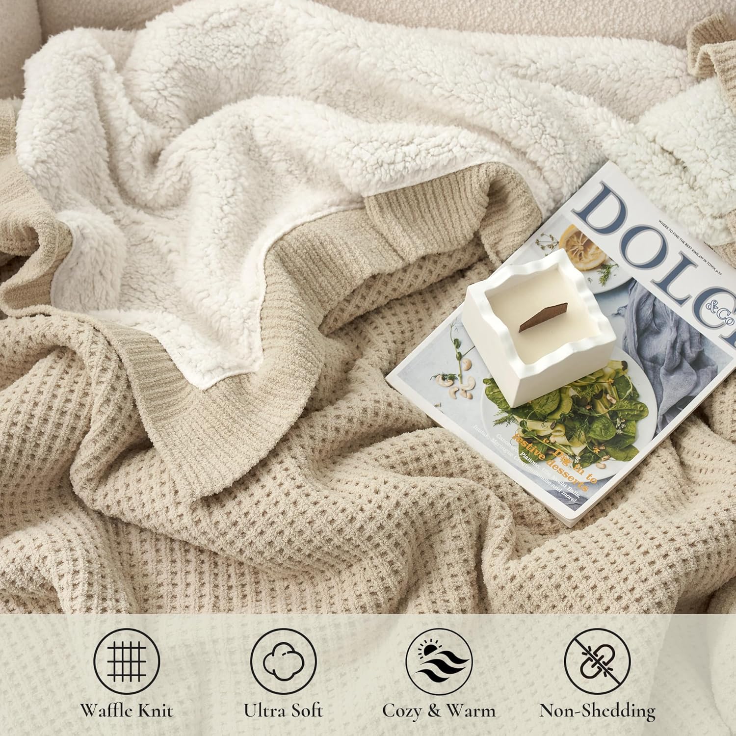 Amélie Home Reversible Waffle Weave Throw Blanket, Chenille Knit with Warm Sherpa, Soft Cozy Blanket for Couch, 50"x60", Beige - Image 4
