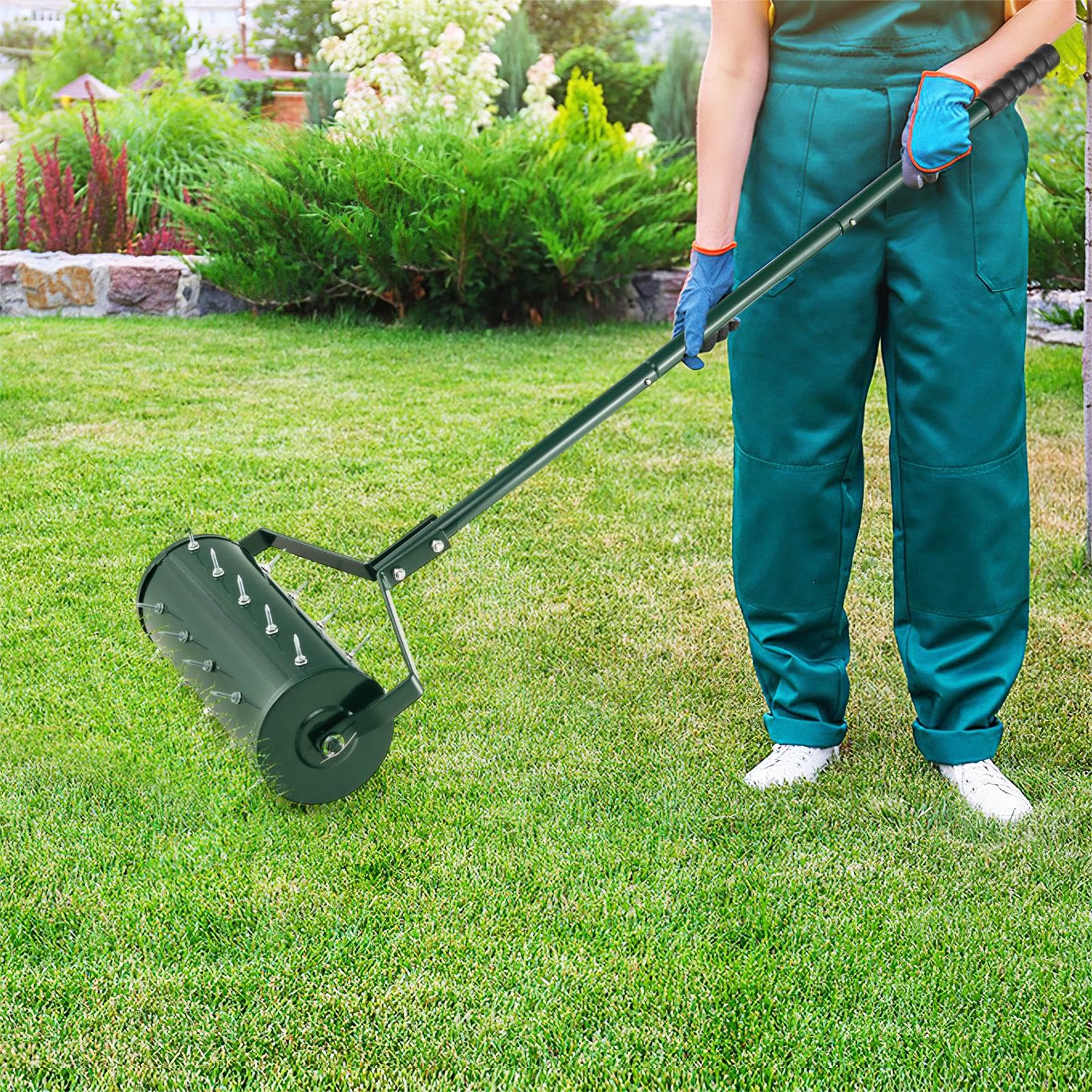 Aireador manual de césped, rodillo de césped resistente, 43/53 cm con tambor relleno de arena y mango desmontable de 130 cm, herramienta de estacas de jardín para tierra y césped