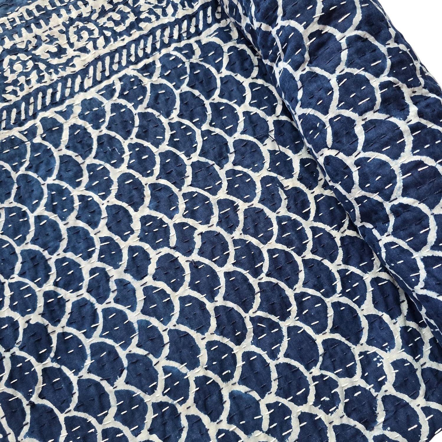 JAIPURIGARMENT Indian Handblock Print Patchwork Cotton Quilted Kantha Bedcover, Quilted Bedspread for King/Twin Size, Indigo Print Kantha Bedcover (King)