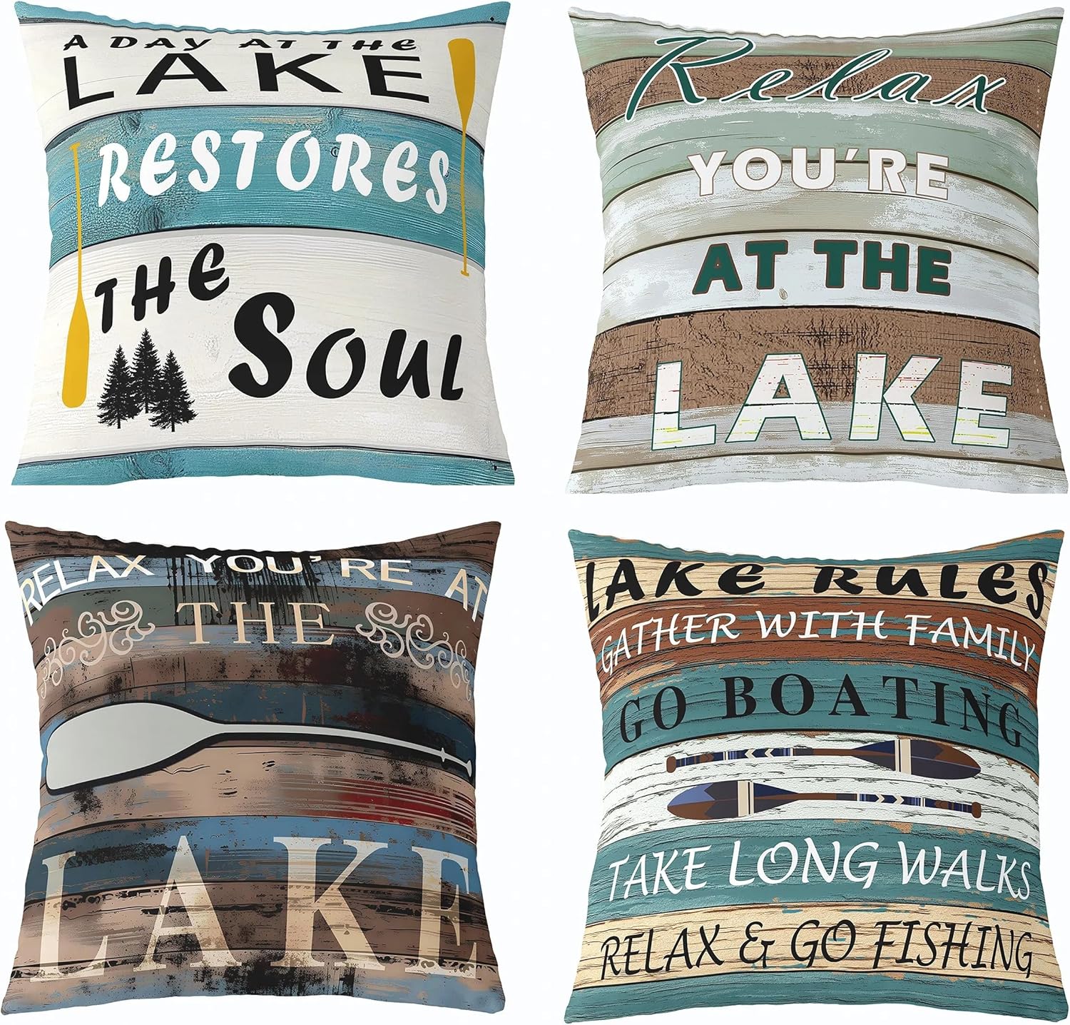 Feelyou Lake Throw Pillow Covers for Couch Sofa Bed, Set of 4 Wood Grain Lake Theme Decorative Pillows Cushion Covers,Farmhouse Blue Pillow Inserts Not Included, 20x20 inch