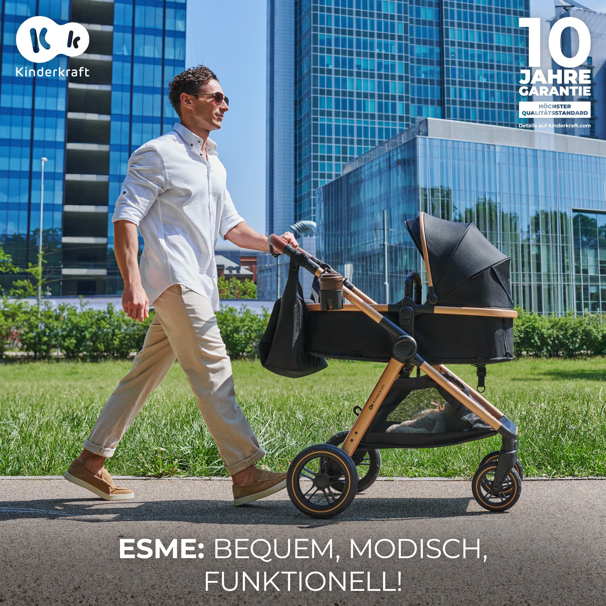 Kinderkraft ESME Kinderwagen 3 in 1 Komplettset bis 26 kg, Kombikinderwagen Reisesystem mit Babyschale I-size 40-75 cm, Zusammenklappen, Liegeposition, Grau
