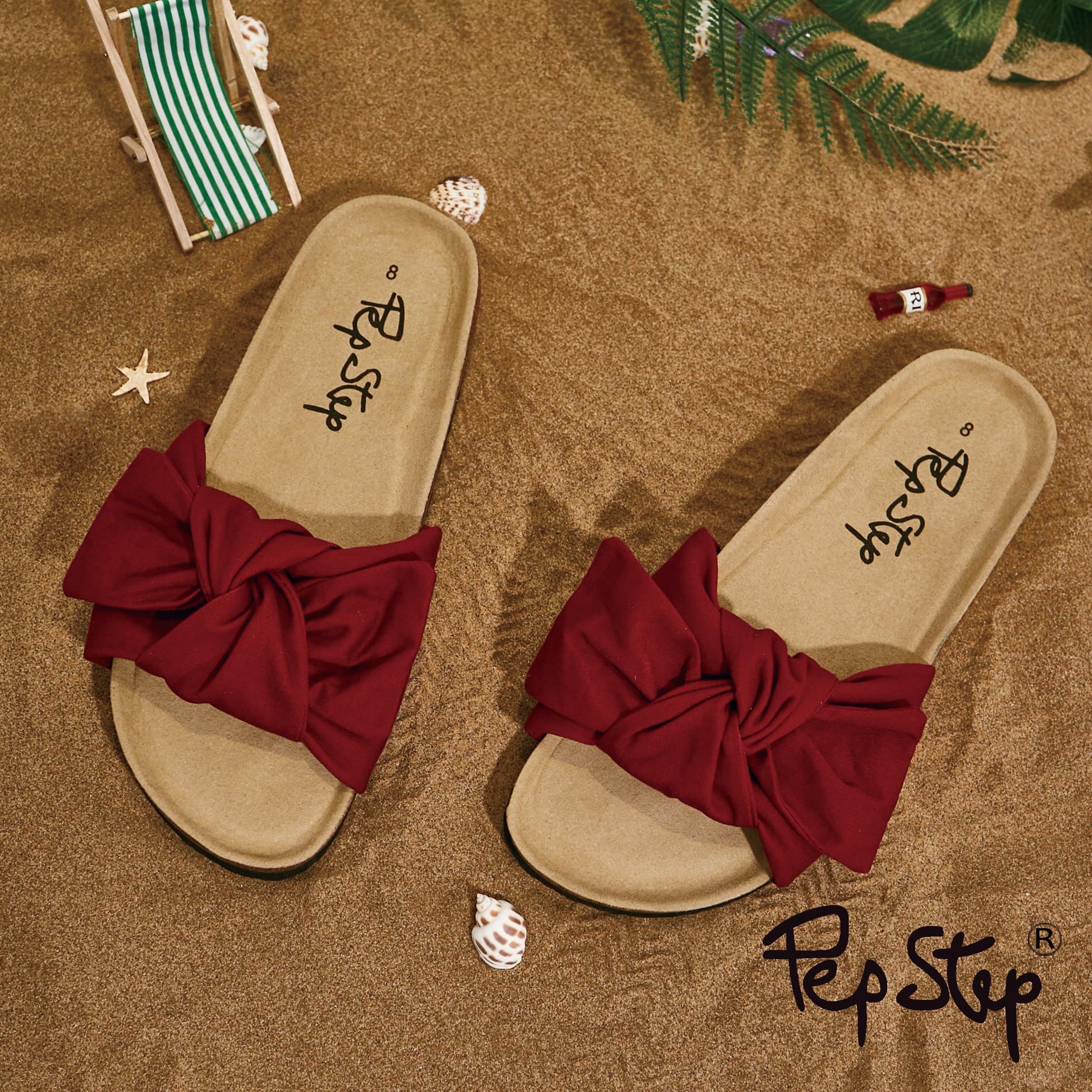 PepStep Slide Sandals for Women or Ladies Dressy Summer Casual, Cute Bow Tie Knot On Top Strap, Comfy Slip On Cork Foot Bed: 10 Ankora Red