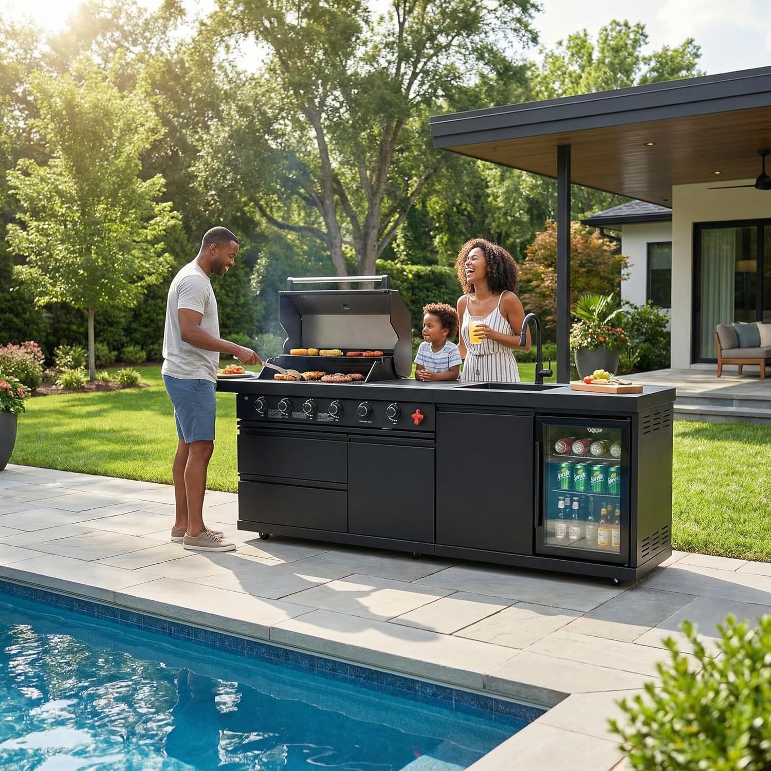 84 Inches Outdoor Kitchen Island, 5-Burner 75300 BTU Propane Stainless Steel BBQ with Side Burner, Refrigerator and Sink, Rotisserie, Granite Countertops, Storage for Backyard BBQ (Black)