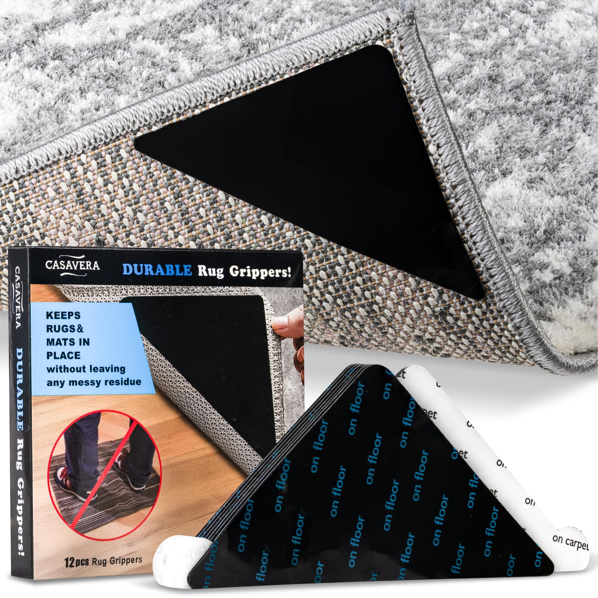 CASAVERA 12 Pcs Rug and Carpet Tape Grippers, Non-Slip, for Hardwood and Tile Floors, Durable Double-Sided Tape for Area Rugs, Adhesive Rug Stickers