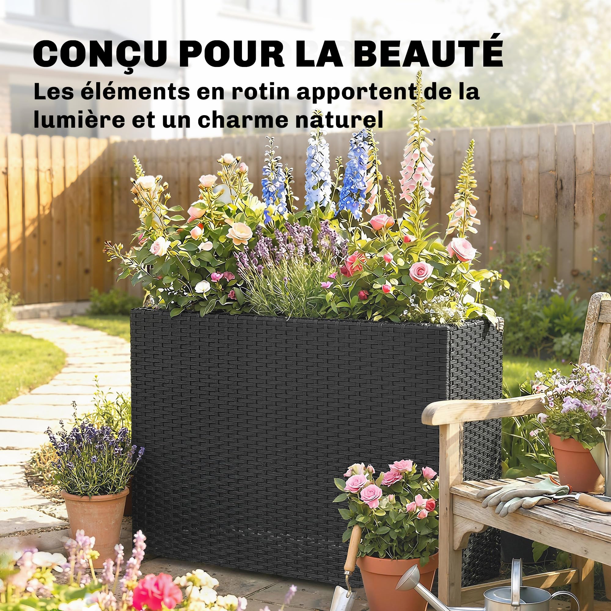 Outsunny Jardinière surélevée en résine tressée, support de fleurs avec bac amovible et pieds réglables, cadre en acier, pour fleurs et légumes dans patio, balcon, terrasse, noir