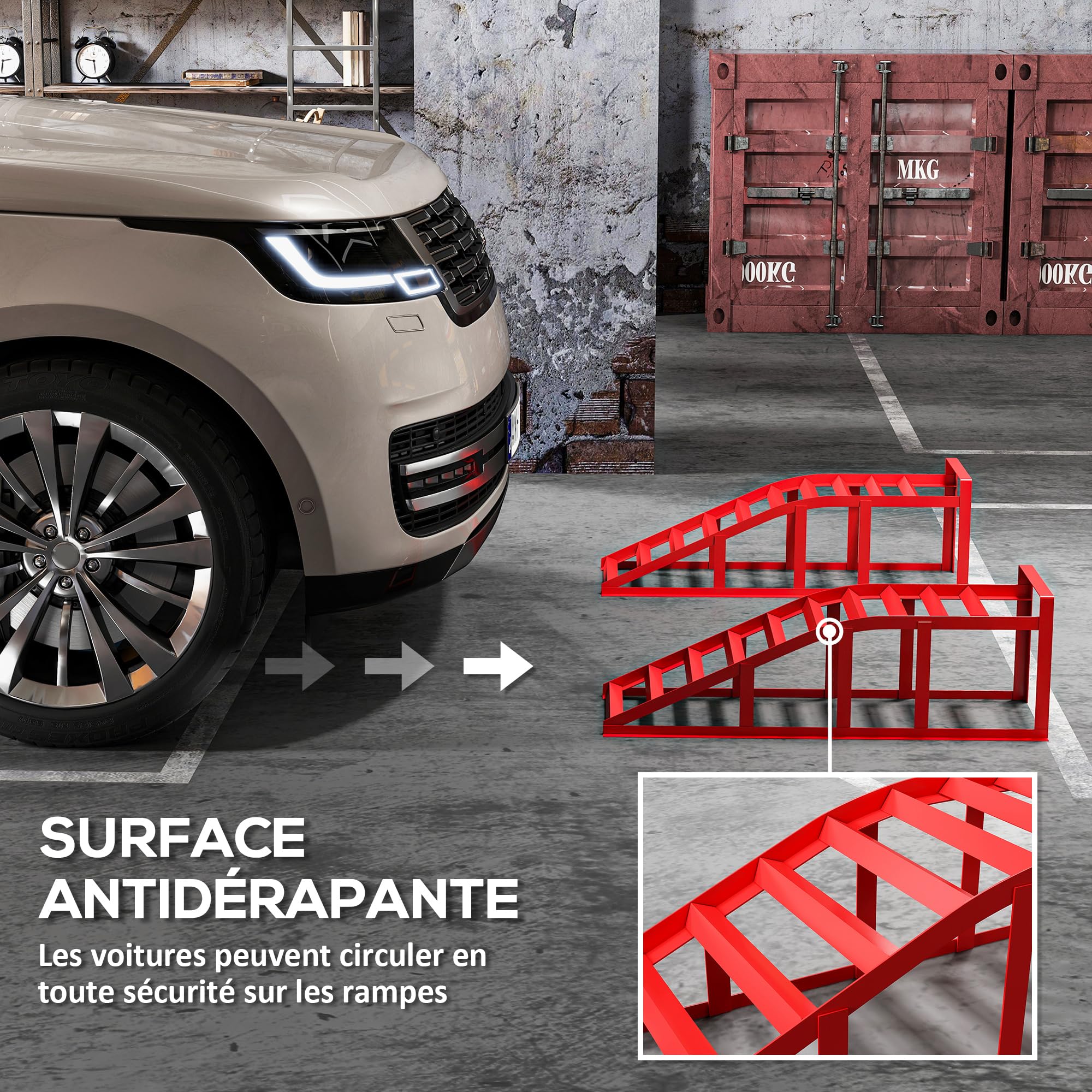 HOMCOM Juego de 2 rampas de acceso para coche, rampa de elevación de acero para coche, antideslizantes, para el mantenimiento y reparación de vehículos, para garaje, casa, taller, rojo