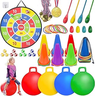 LINAYE Carnival Games Combo Set Outdoor Activities, Field Day Lawn Yard Family Reunion Fall Festival Games Hopper Balls Dart Board for Kids Ring Toss Egg and Spoon for Kids Birthday Party