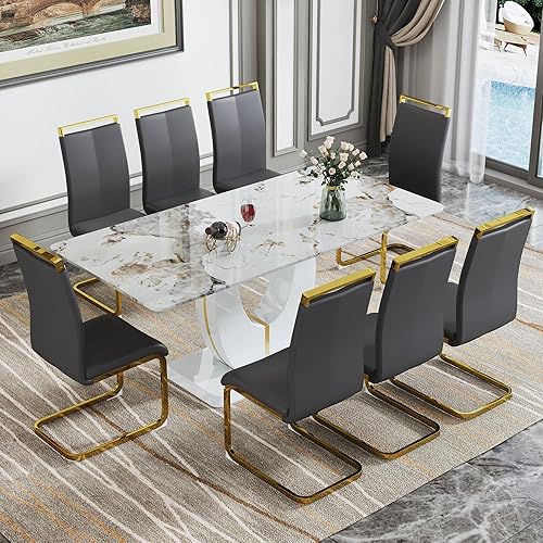 Miniatura 10 de JUFU Moderno juego de mesa de comedor para 6, juego de mesa de cocina rectangular con mesa de mármol sintético y 6 sillas tapizadas de piel