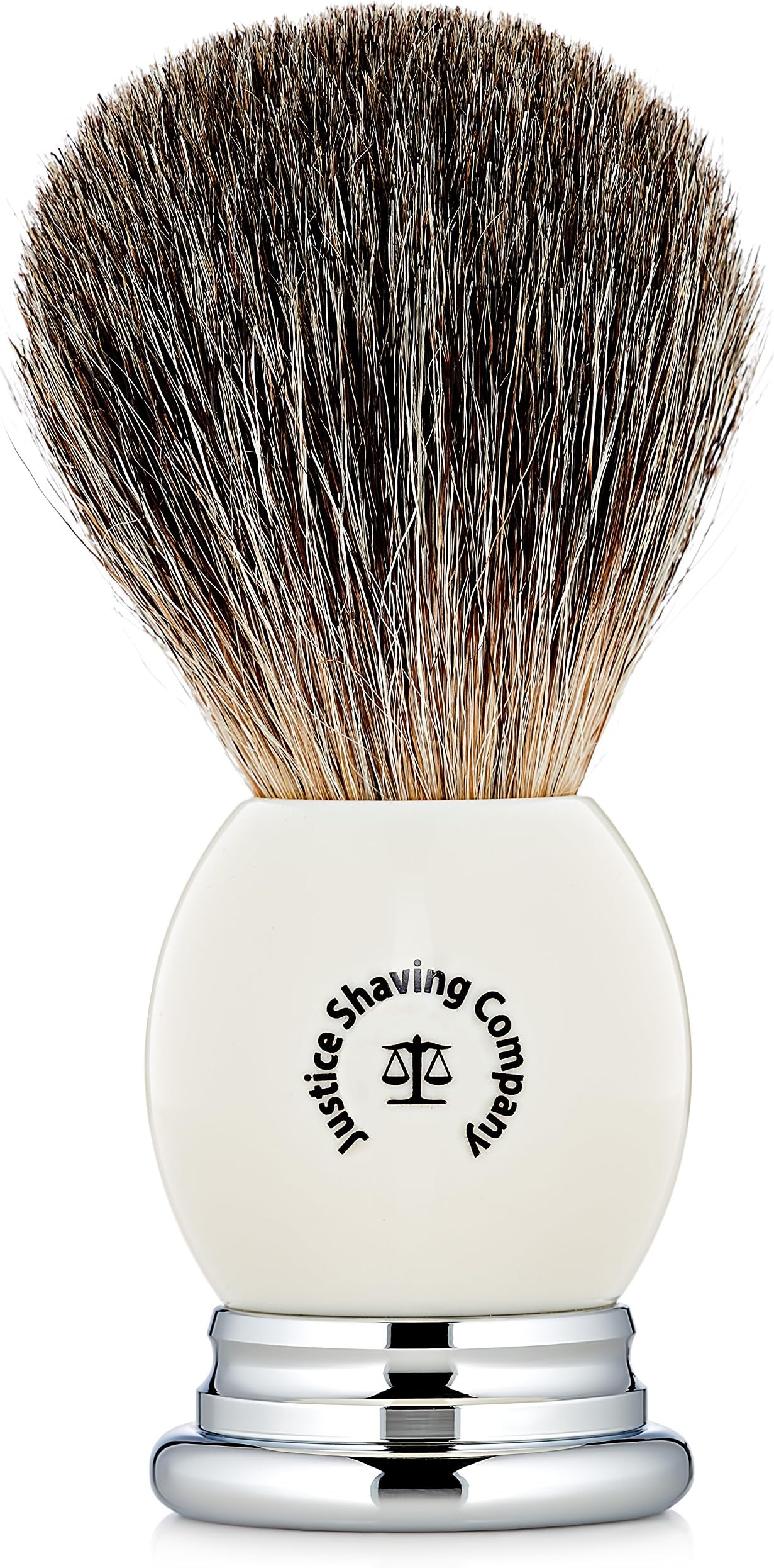 Justice Shaving Company Pure Badger Shaving Brush - Exquisite and Affordable Addition to Your Wet Shaving Set - Genuine Badger Hair Shaving Brush - Optimal Shave Brush for a Classic Wet Shave (White)