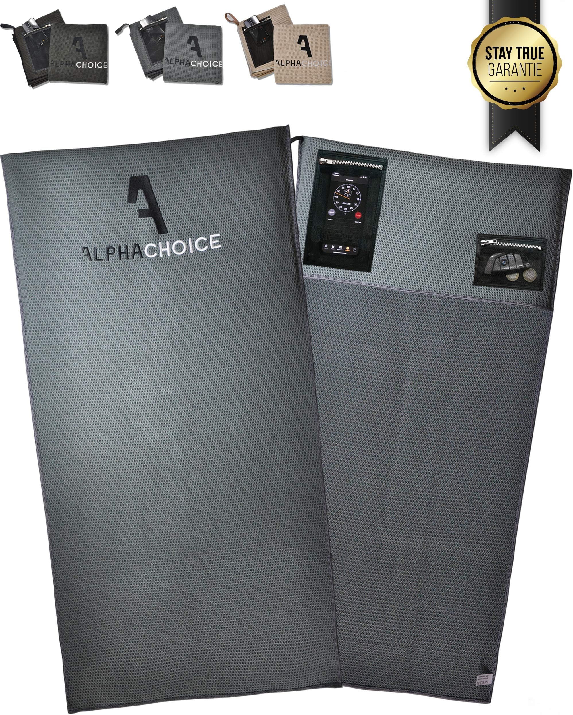 Alphachoice Gym Towel with Transparent Pocket for Smartphone and Keys, Attachable to Gym Equipment, Anti-Slip Coating, Microfiber Towel Sport