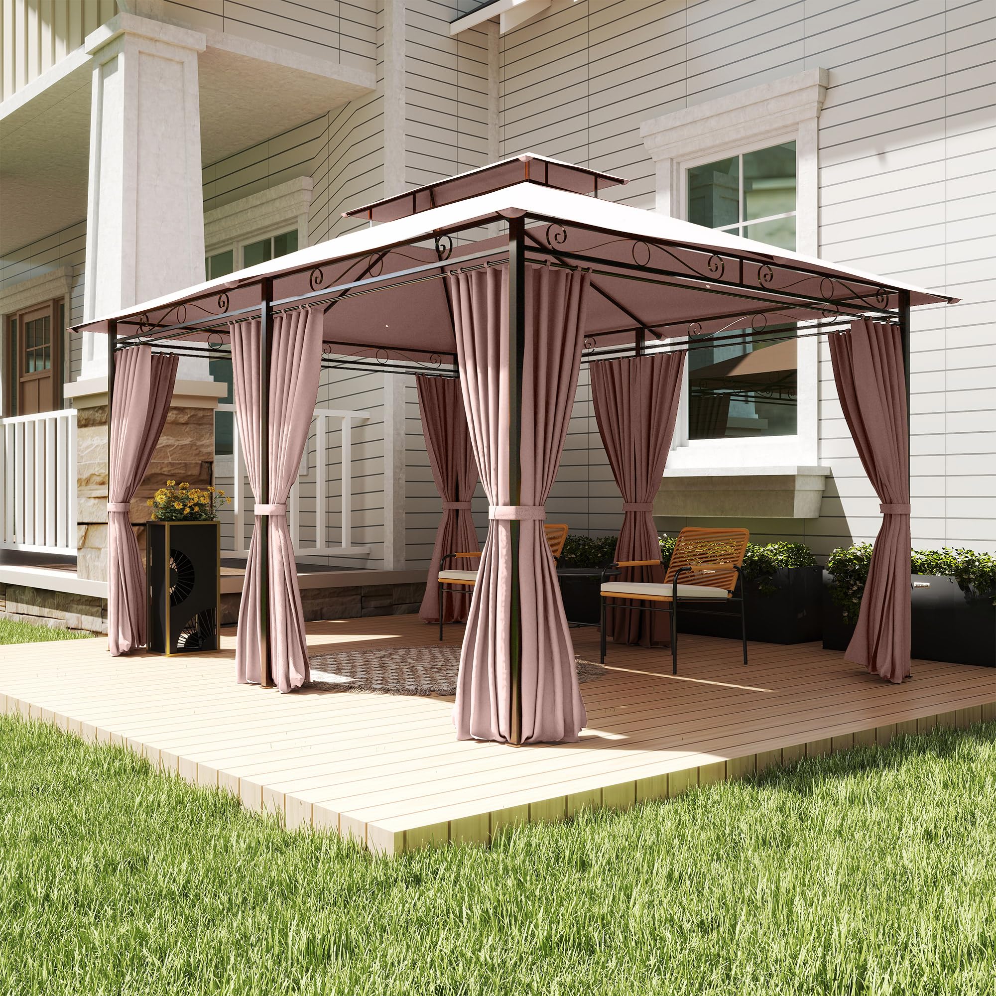 Outsunny Gazebo 4x3m Doppio Tetto Acciaio Tende Zip Impermeabili Anti UV Cachi