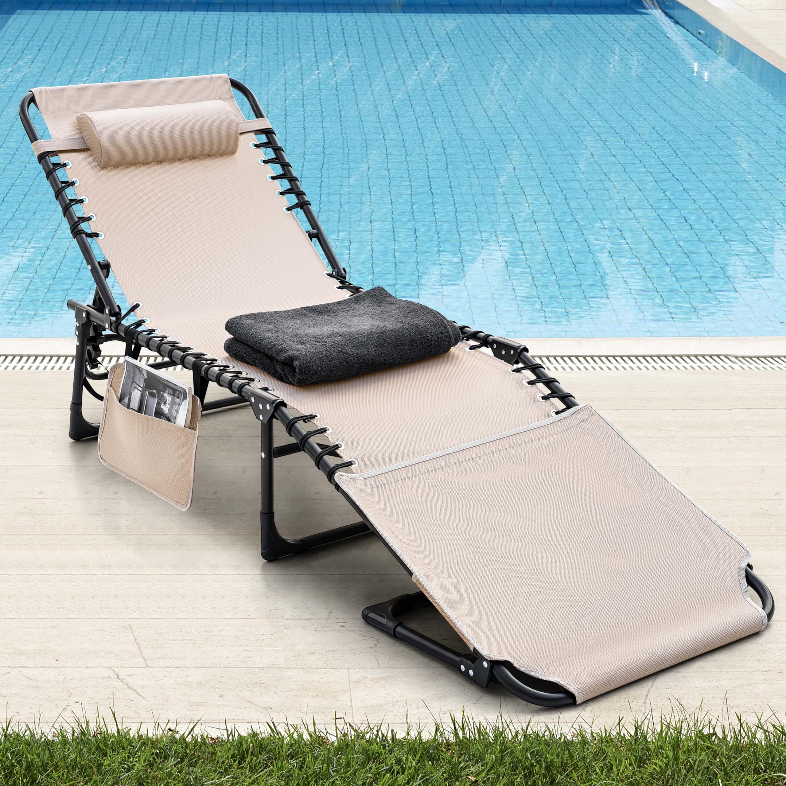 Avestar Sonnenliege Klappbar, Tragbare Gartenliege, 5-Fach Verstellbarer Liegestuhl inkl. Seitentasche, Kopfkissen und Gesichtsausschnitt, für Garten, Balkon, Terrasse, Strand und Camping, Taupe