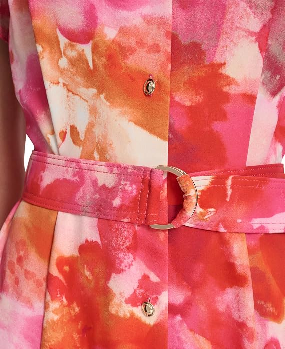 Halston Women's Short Sleeve Floral Belted Midi Shirt Dress