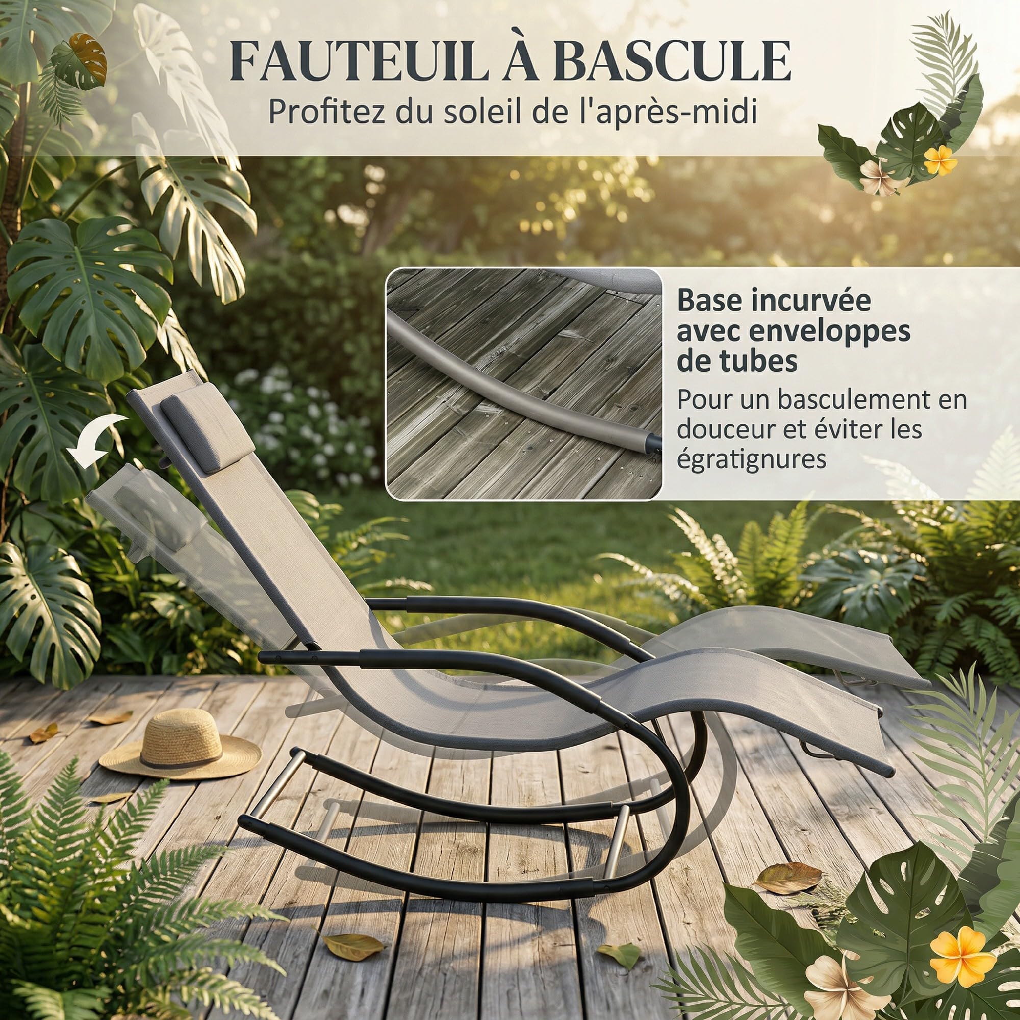 Outsunny Chaise Longue à Bascule Rocking Chair Ergonomique avec tétière accoudoirs métal galvanisé textilène dim. 62l x 150P x 84H cm Gris
