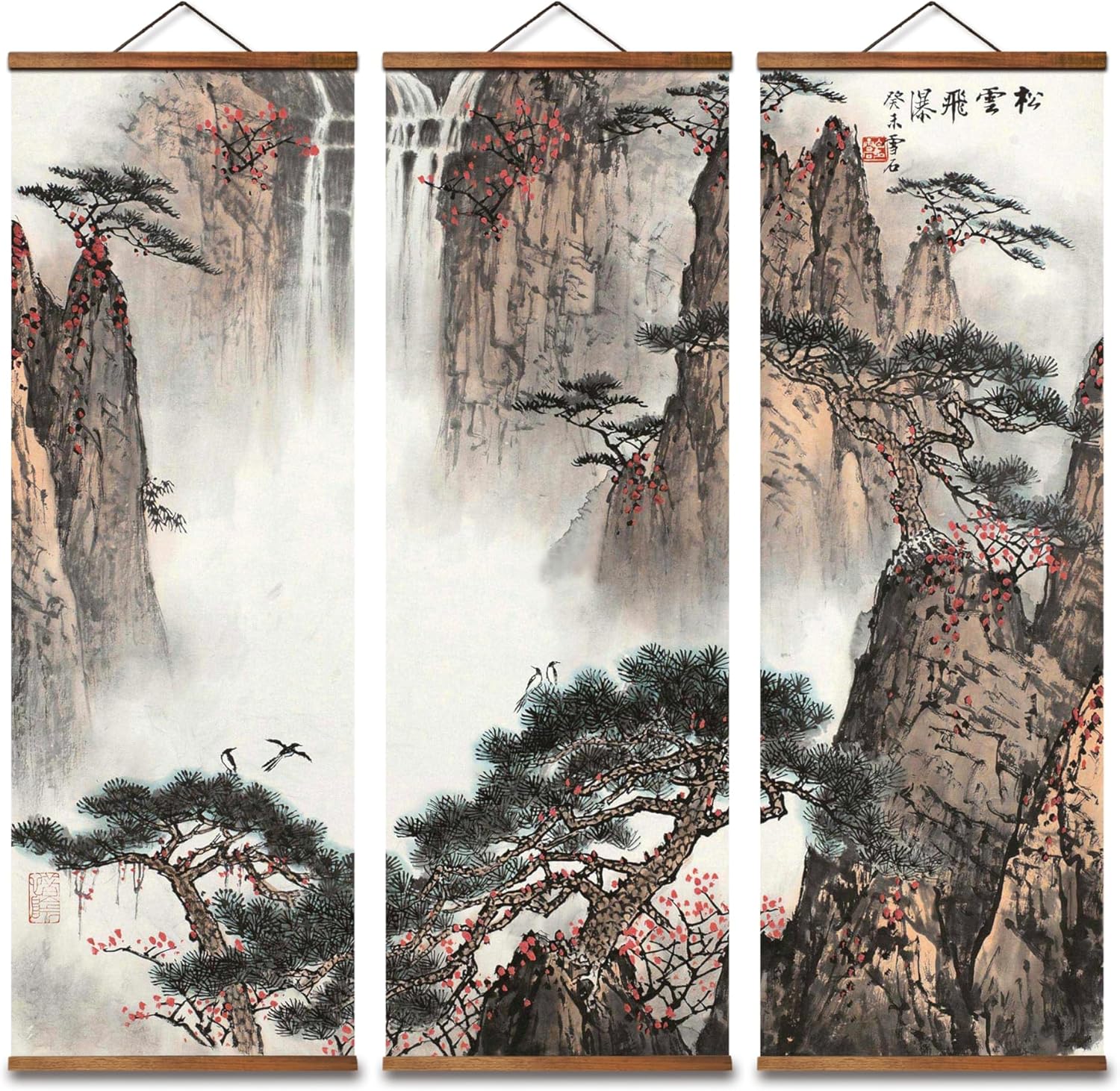 jszip Traditional Chinese Mountain Landscape Scroll - 3 Panel Hanging Wall Art Set, 31.89x11.82 Inch, Black Walnut Frame, Asian Zen Home Decor for Living Room