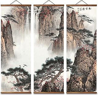 jszip Traditional Chinese Mountain Landscape Scroll - 3 Panel Hanging Wall Art Set, 31.89x11.82 Inch, Black Walnut Frame, Asian Zen Home Decor for Living Room