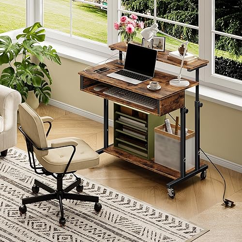 Miniatura 5 de Escritorio para computadora, escritorio de pie sobre ruedas, escritorio con estación de carga, escritorio para laptop de altura ajustable, para sala