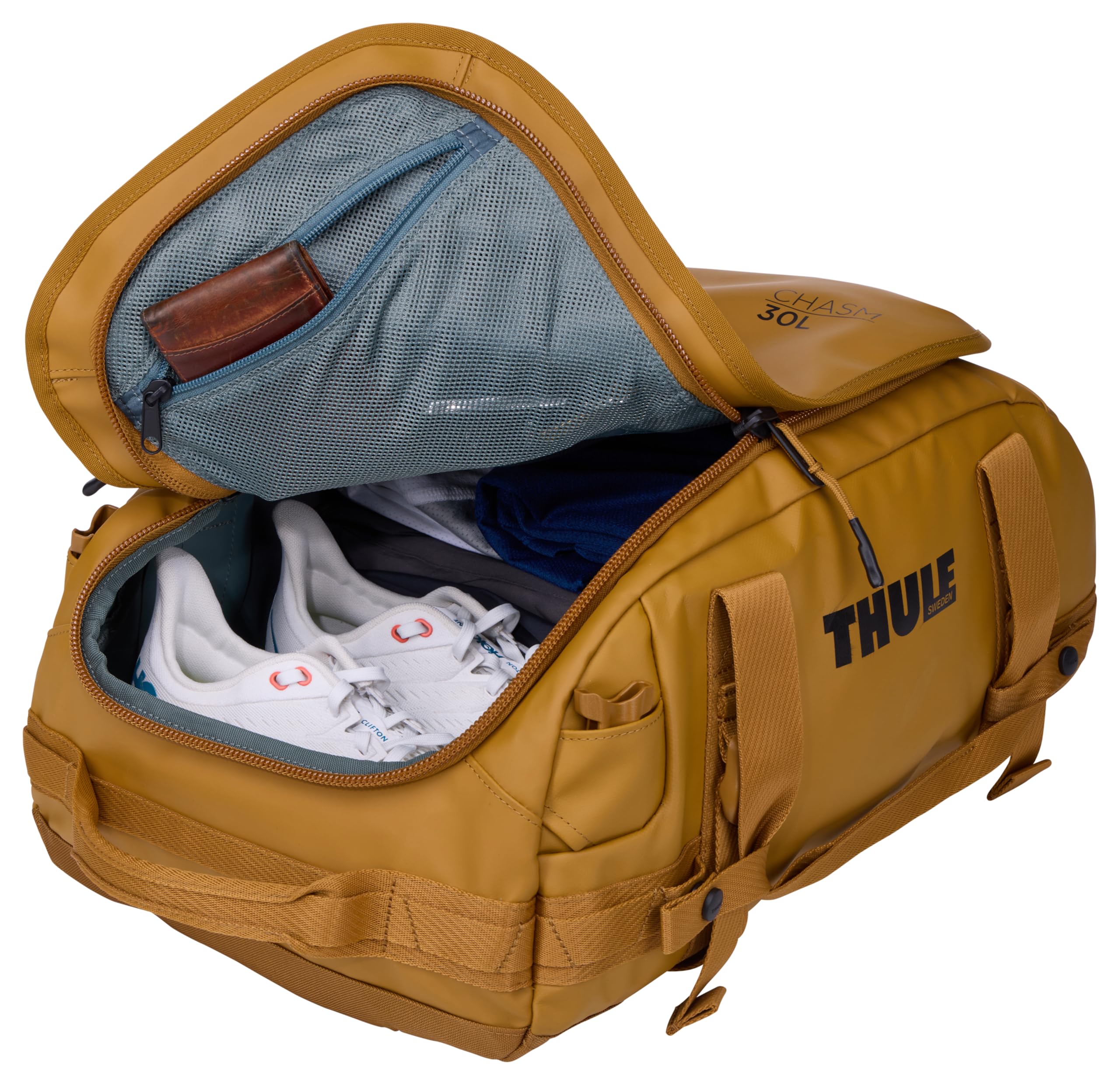 Thule Chasm Torba podróżna duffel 30 l, szeroki otwór ułatwiający pakowanie, plecak, wewnętrzne kieszenie z siatki, wzmocnione dno, z blokadą, materiały, taśmy i siatki z materiału w 100% z recyklingu