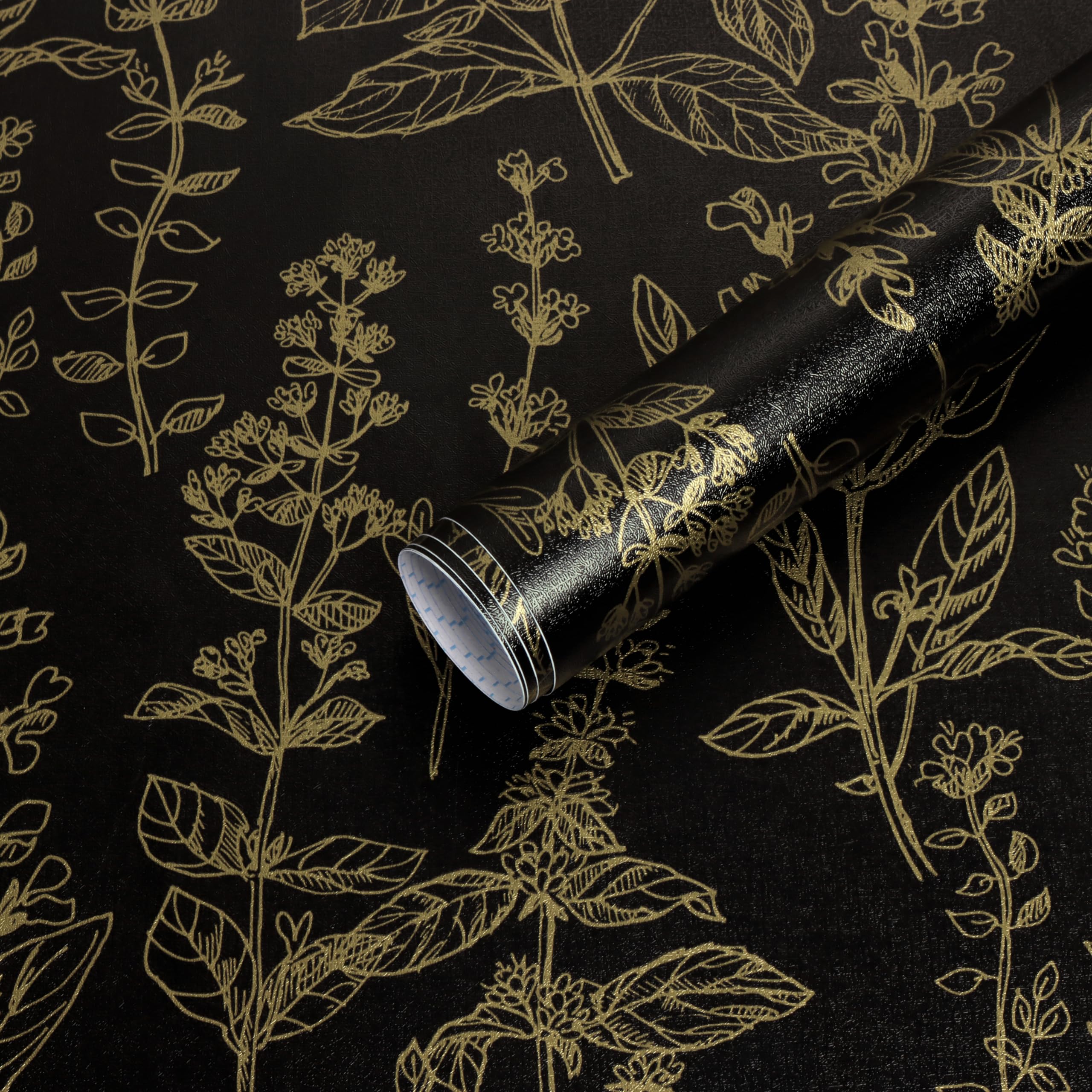 MicpoloMicpolo Peel and Stick Wallpaper Black and Gold Floral Wallpaper Peel and Stick Black Wallpaper for Bathroom Bedroom Contact Paper for Cabinets Removable Self Adhesive Vinyl Wall Decor 394"x17.3"