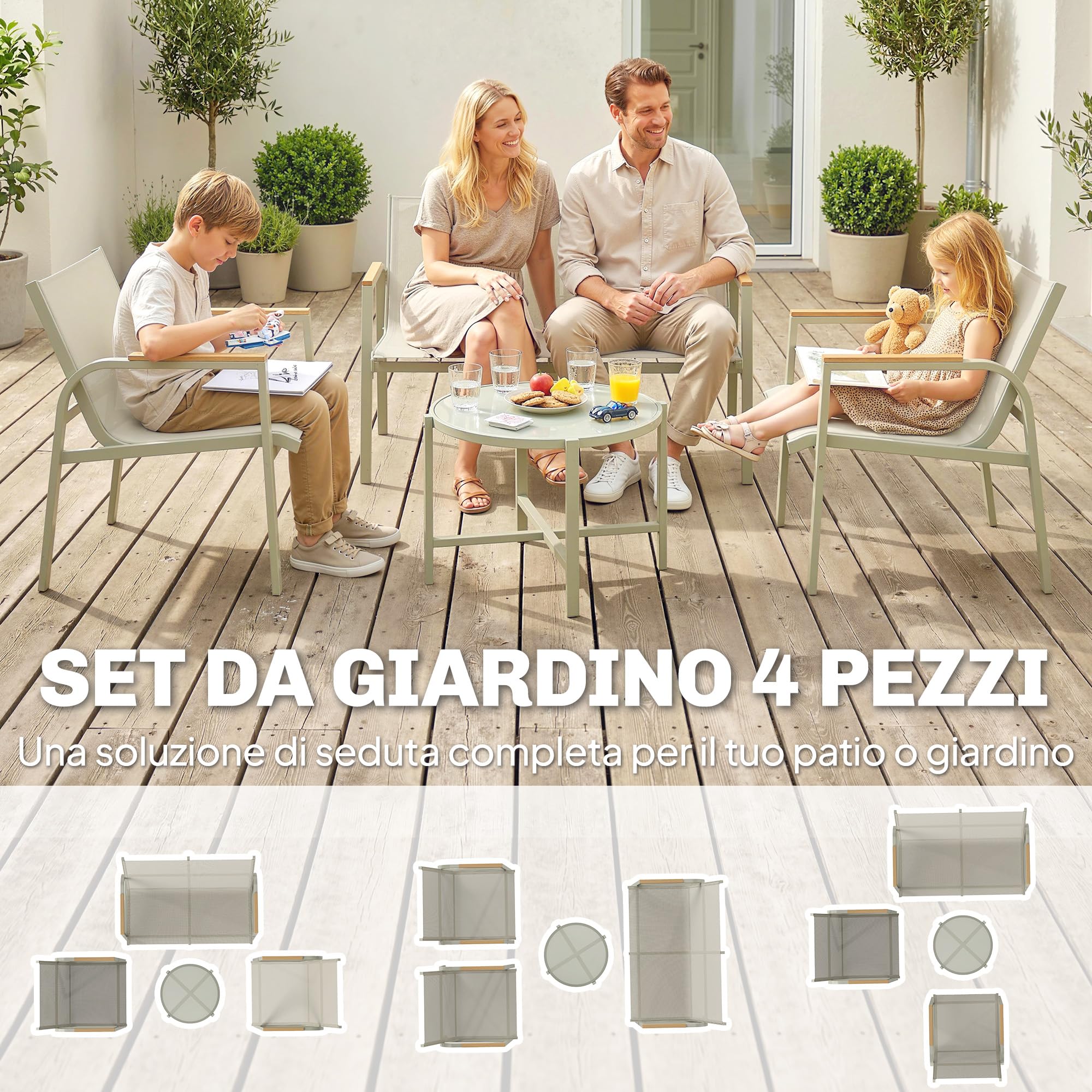 Outsunny Set Salotto da Giardino 4 Pezzi, Divano 2 Posti, Poltrone, Tavolino Vetro Temperato, Metallo, Verde