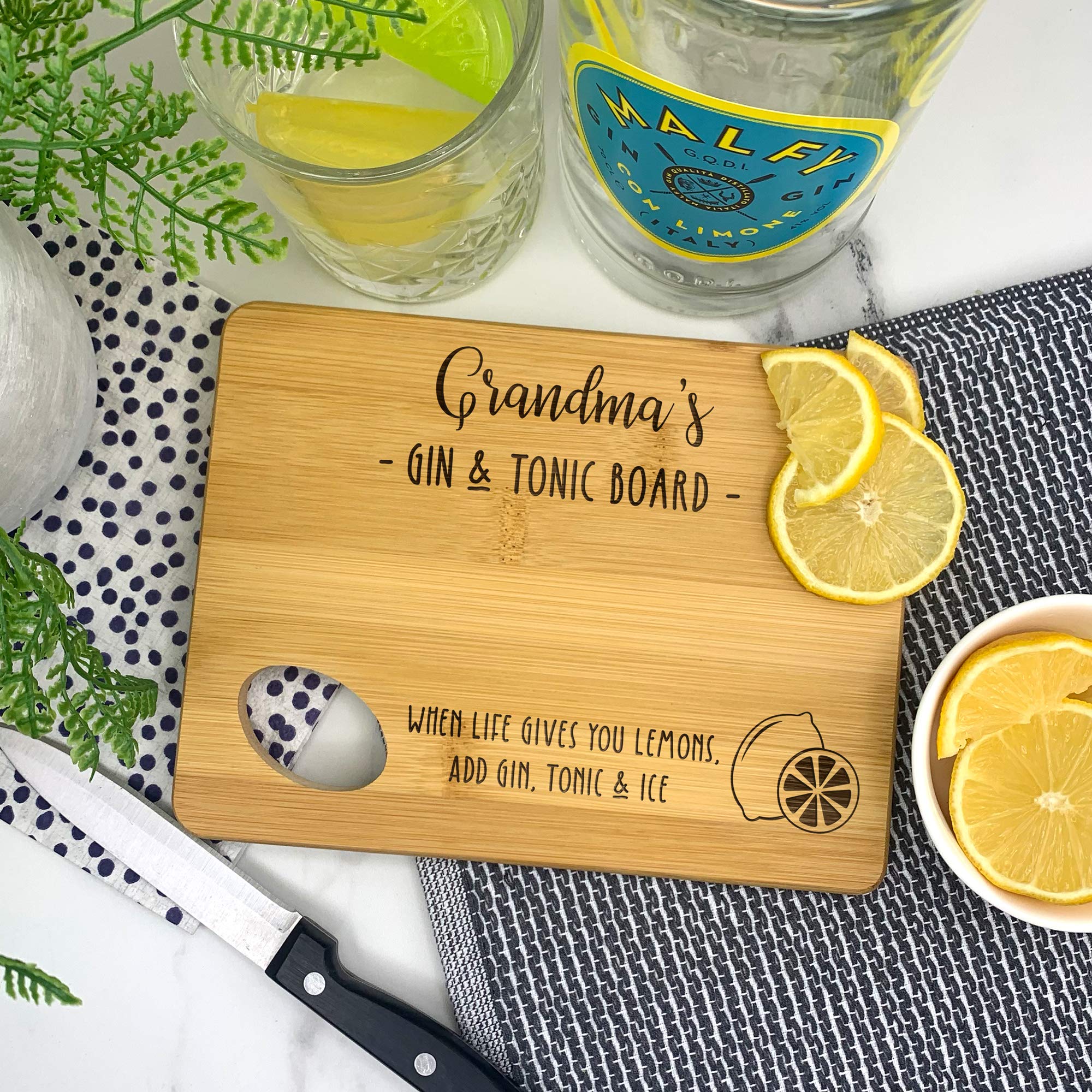 eBuyGB Engraved Wooden Grandma's Gin & Tonic Board, Bamboo Chopping Board, Mothers Day, Birthday Gift, Present for Granny, Nanny, Nana, Gran, Nan, Nanna