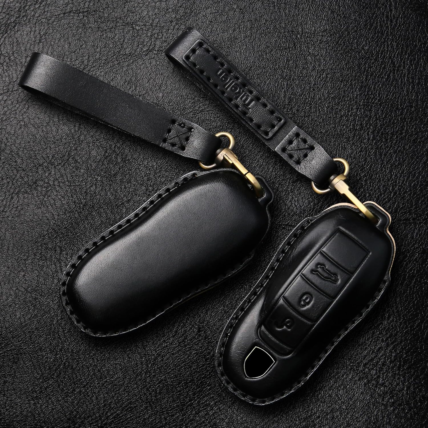 Tukellen for Porsche Leather Key Fob Cover with Keychain Key Shell Compatible with Panamera, Macan, Cayenne, 911-Black
