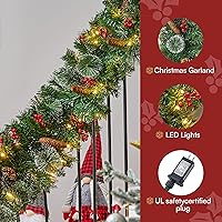 Vista 2 de Joiedomi - Guirnalda de Navidad de 9 pies preiluminada con 50 luces de cadena, cerdas, conos de pino, bayas de acebo para decoraciones de invierno