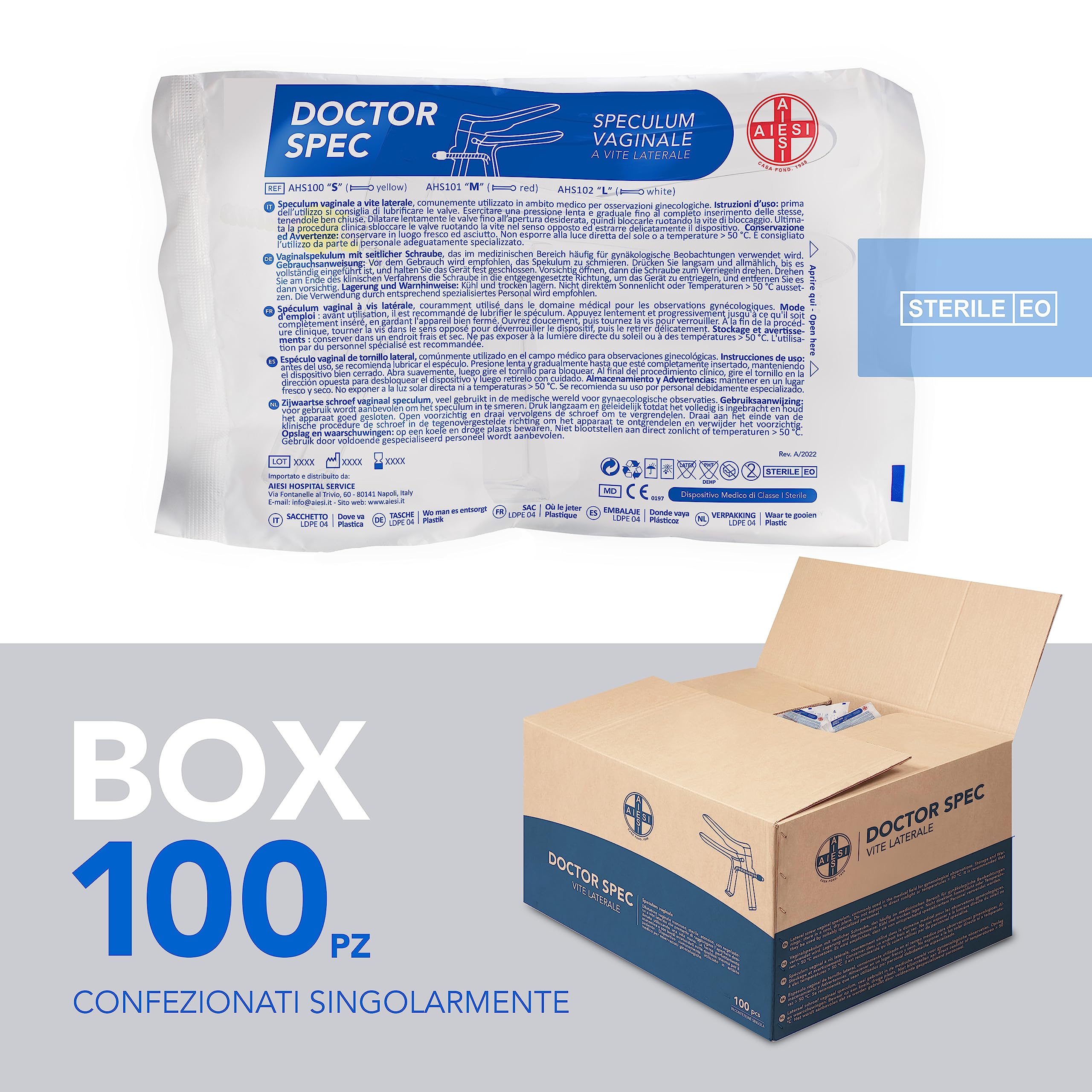 AIESI® Speculum Ginecologico vaginale S (100 pezzi) monouso sterile con regolazione a vite laterale DOCTOR SPEC