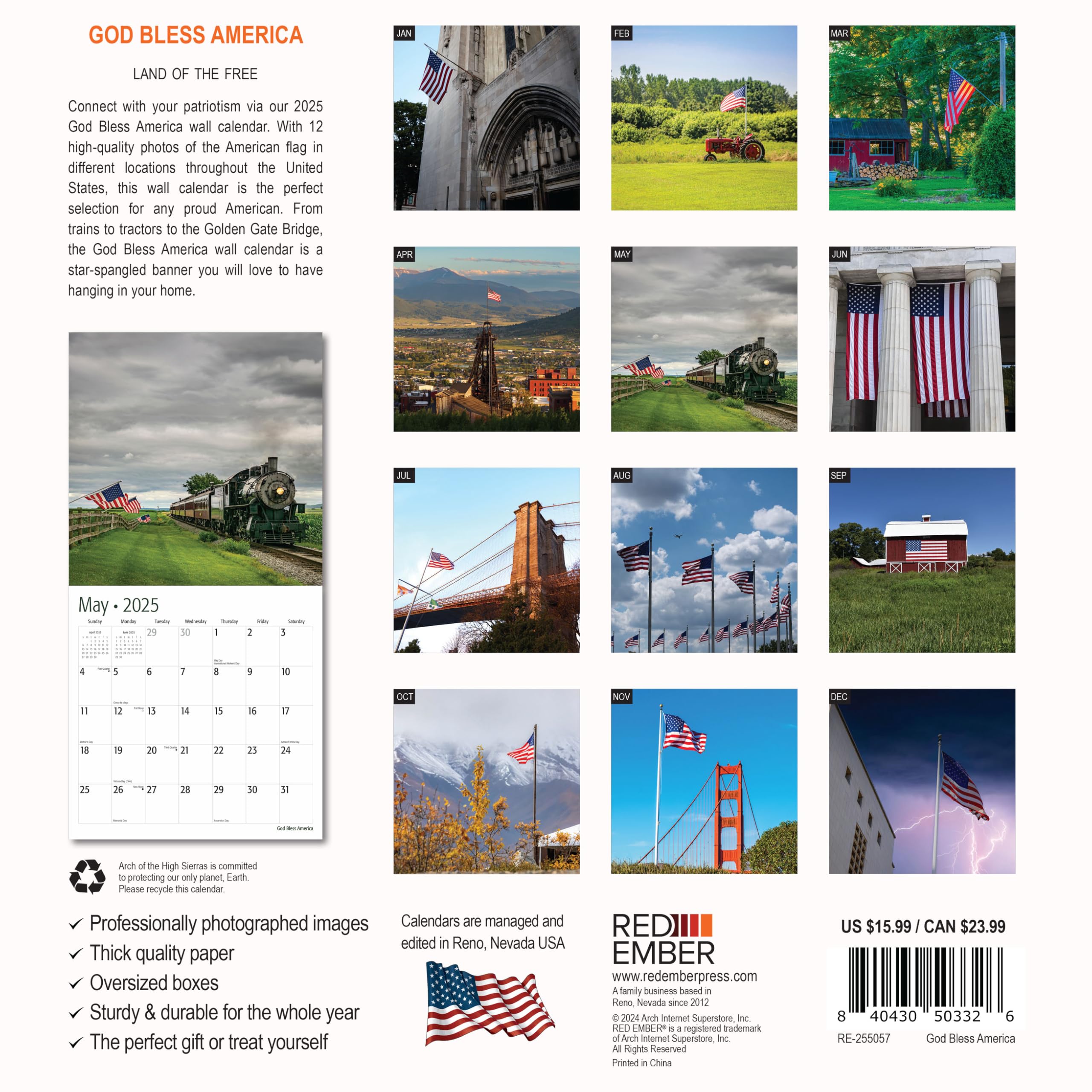 RED EMBER God Bless America 2025 Wall Calendar 12 Month | 12" x 24 ...