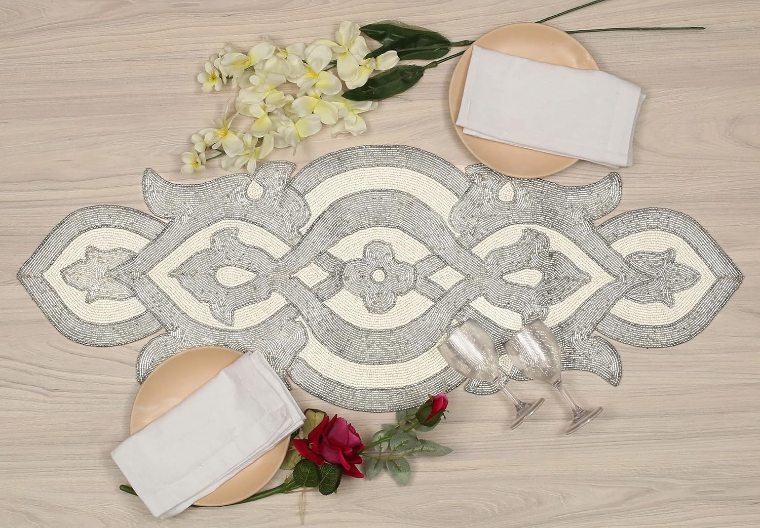 Lightnpro Beaded Table Runner Elegant Infinity Design - Handmade Glitz Table Décor for Weddings, Parties, Holidays, Gifting & Everyday Use - Decorative Centerpiece Accent - 13x36 Inch - Silver Ivory