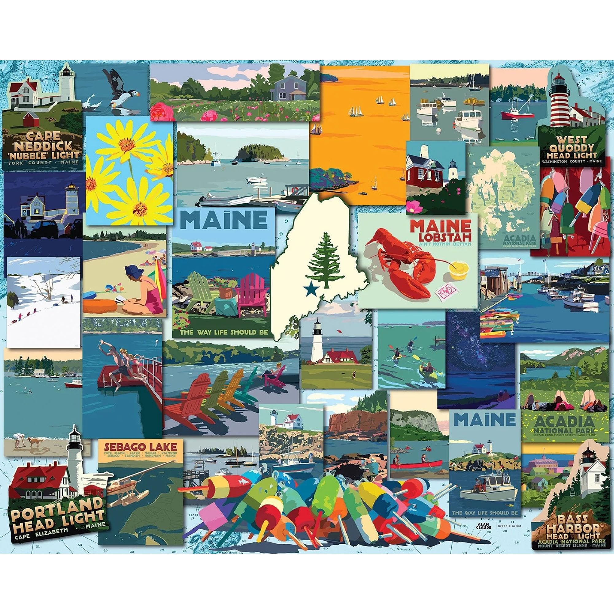 White Mountain Puzzle da 1000 pezzi, albero di pino, collage di stato, vita del Maine