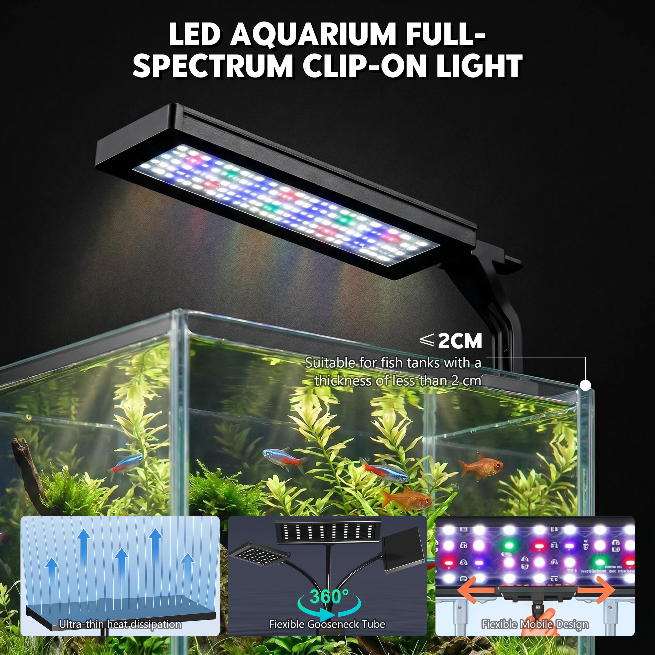 2 luces LED de 18 W para acuario, 88 luces para acuario, iluminación 24/7 y luz LED para peces, con 8 colores y 10 niveles de brillo ajustables para acuarios, plantas acuáticas y peces