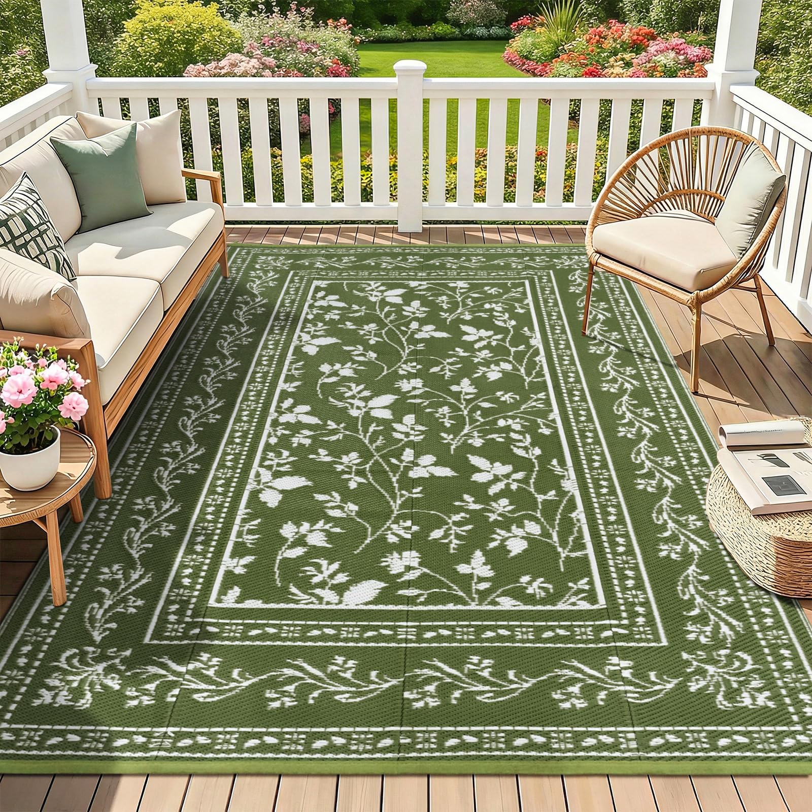 Grün Outdoor Teppich Wetterfest 150x245cm, Wendbarer Balkon Teppich, Outdoorteppich Matte Kunststoff Teppiche, Wasserdichter Außenteppich, UV-Beständige Camping Teppiche für Terrasse Garten RV