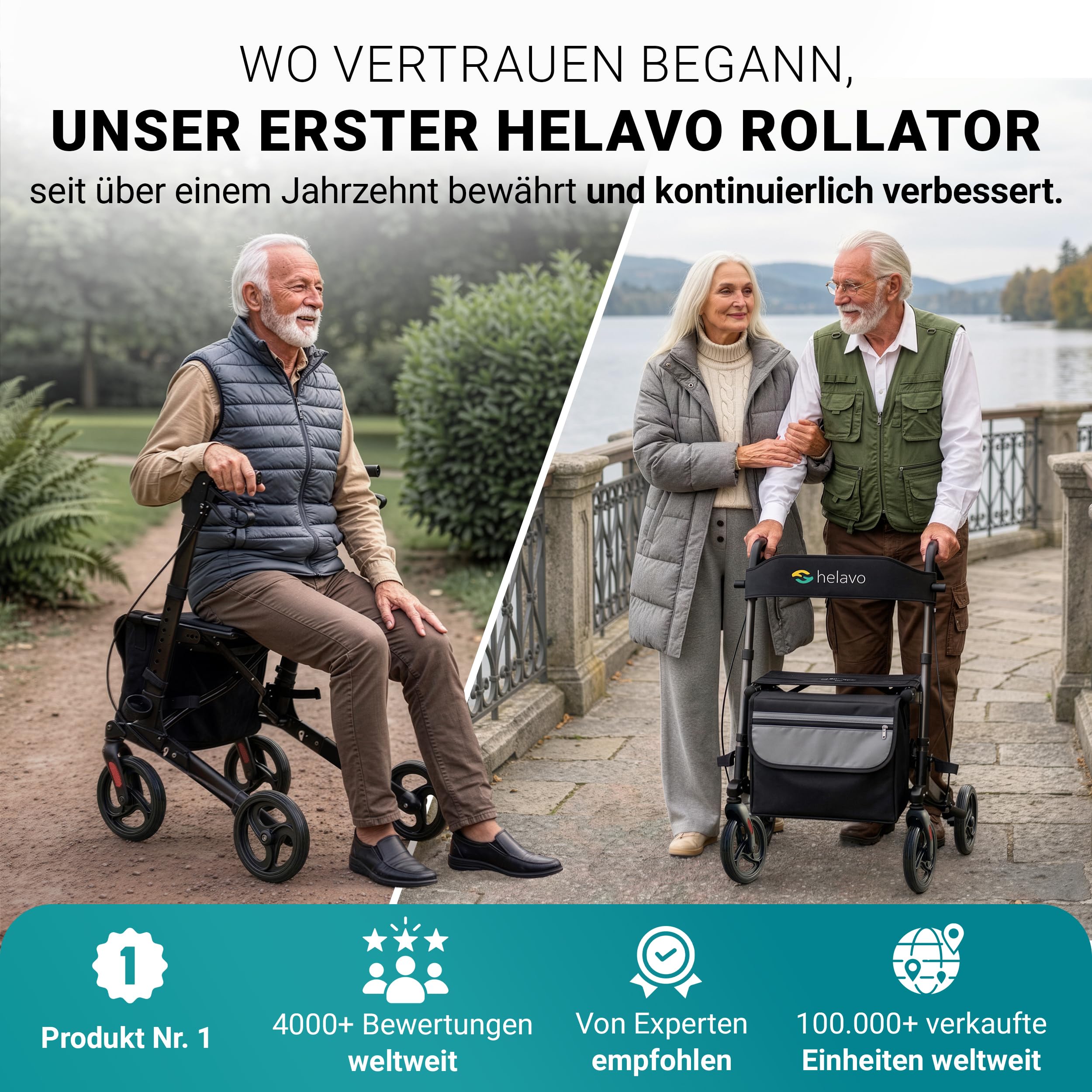 Helavo faltbarer Rollator mit Sitz - Leicht & Kompakt für Drinnen & Draußen | Kompakt zusammenklappbarer Aluminium-Rollator mit Transporttasche - Nur 8,3 kg leicht - Höhenverstellbare Griffe