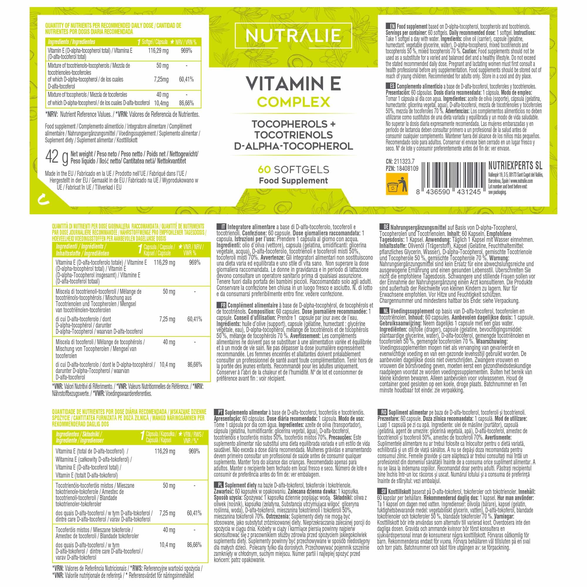 Vitamine E - Antioxydant - Tocophérols et Tocotriénols - Protège les Cellules contre le Stress Oxydatif - 60 Gélules Vitamin E Complex Nutralie