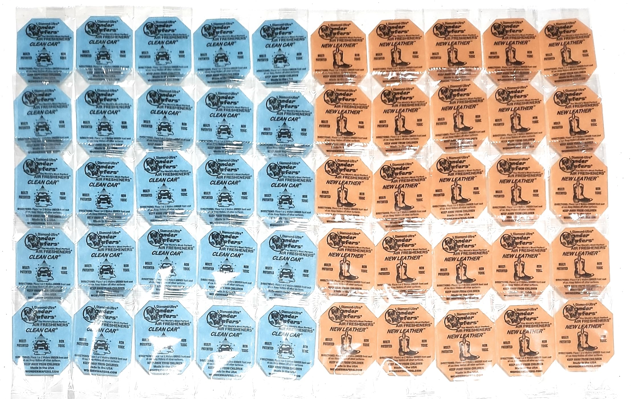 Bundle Pack - 50 pack of Wonder Wafer Car Air Freshener: 25 Clean Car, 25 New Leather, 2 scents 50 Count Individually Wrapped