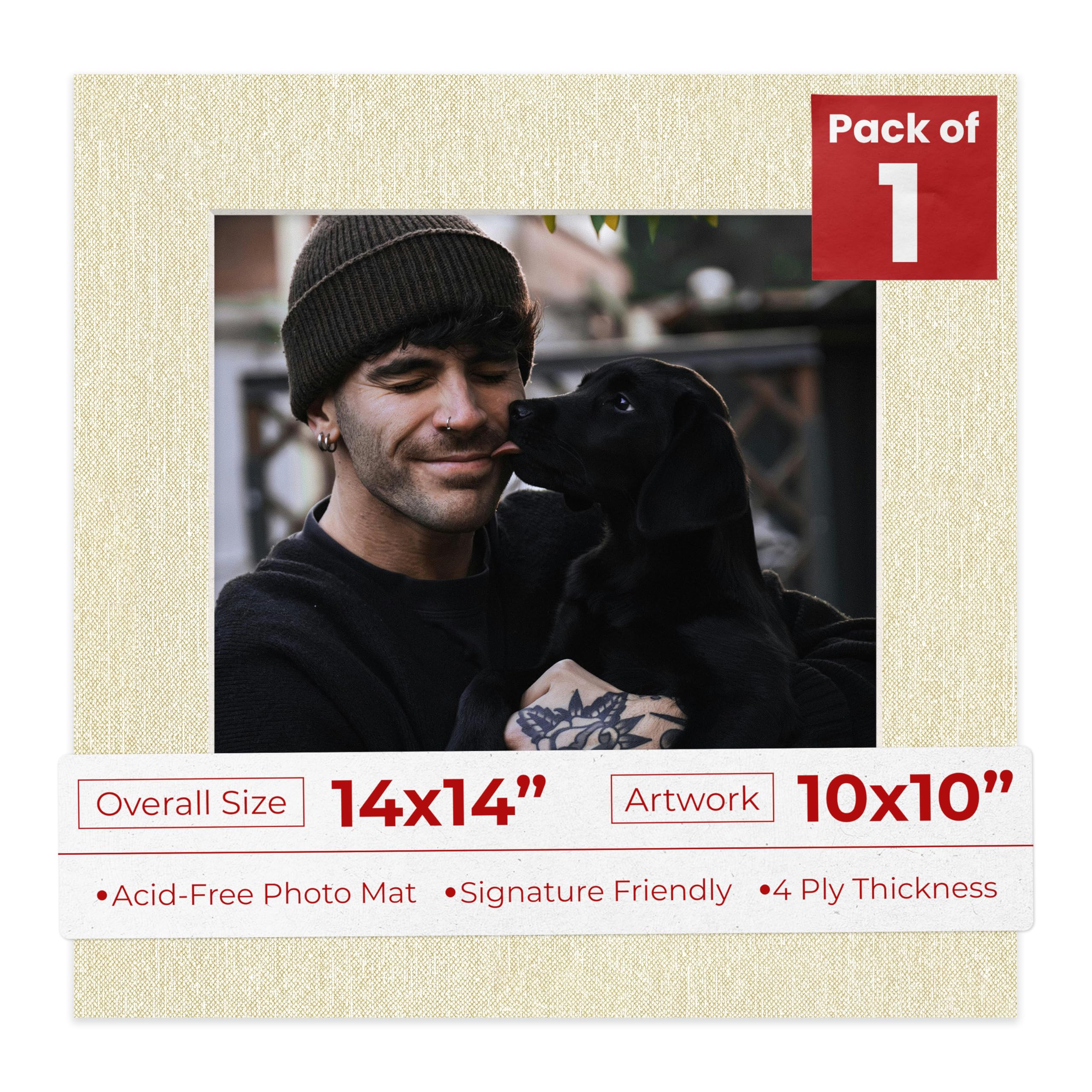 14x14 Mat Bevel Cut for 10x10 Photos - Precut Fresh Linen Canvas Square Shaped Photo Mat Board Opening - Acid Free Matte to Protect Your Pictures - Bevel Cut for Family Photos, Pack of 1 Matboard-image-4