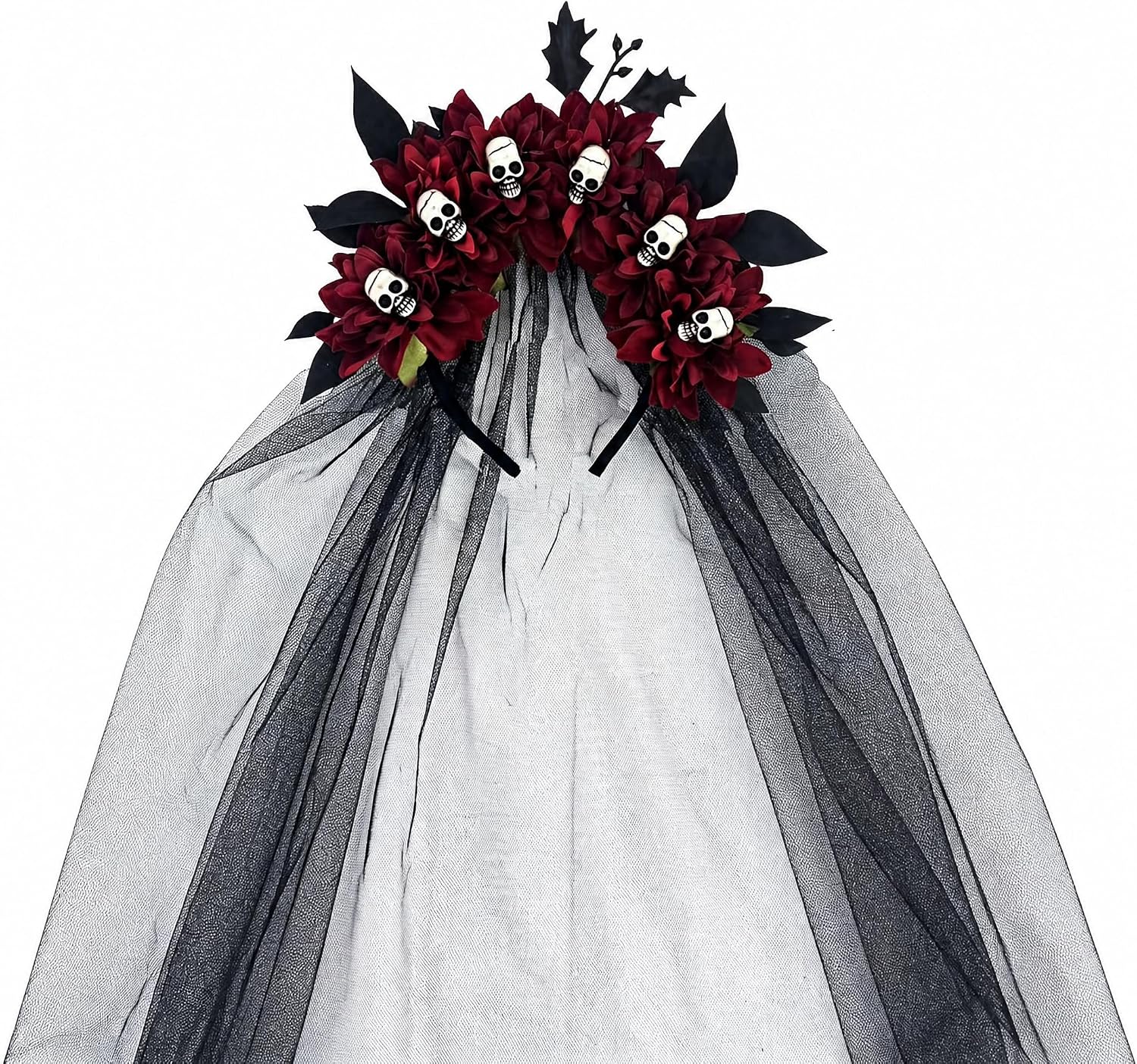 Halloween Skull Flower Crown Headband with Black Veil