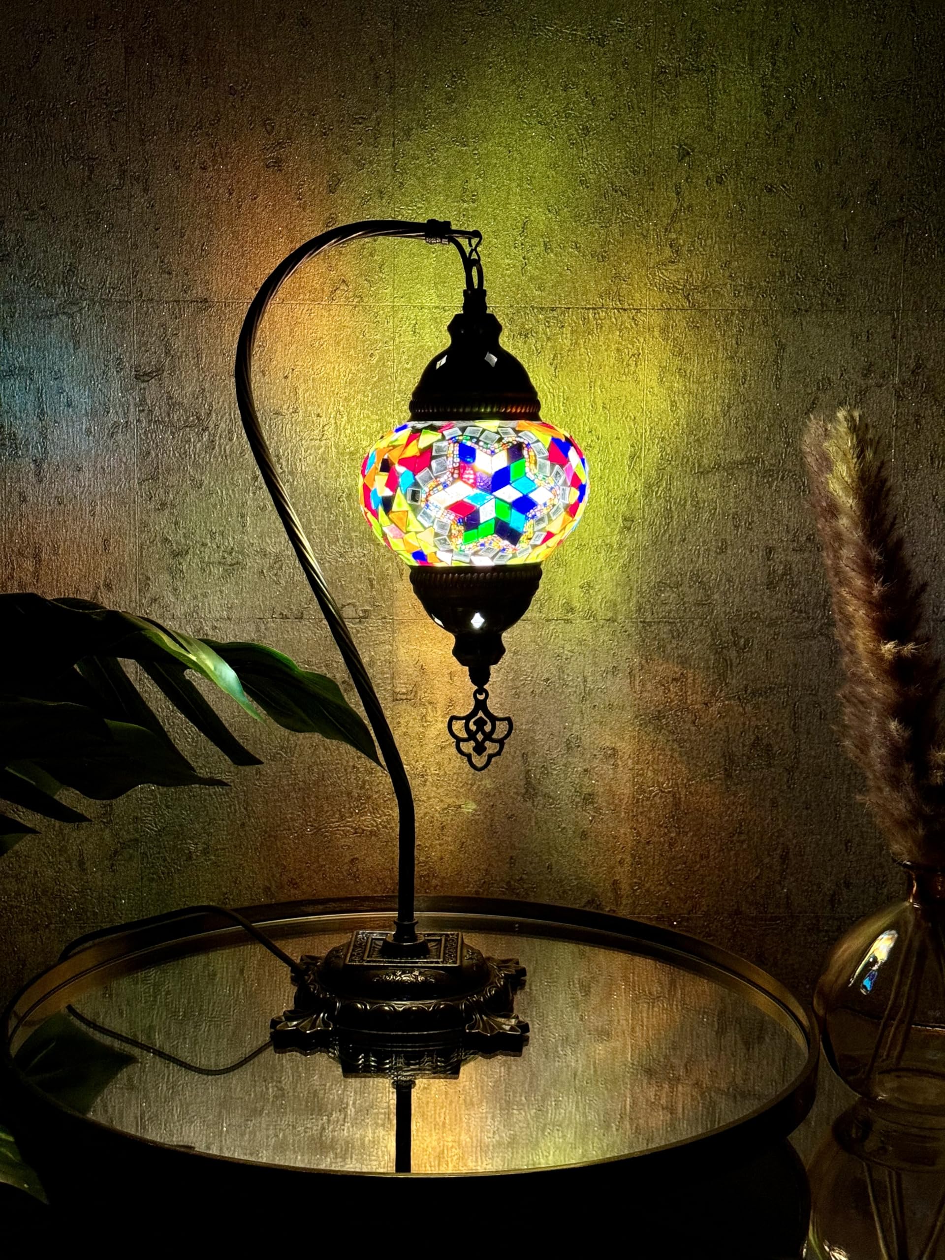 Lightza Handmade Turkish Moroccan Mosaic Desk Lamp LED Bulb | Swan Neck Unique Globe Lampshade Table Light | UK Tested Safe Energy Efficient (White & Multi Color Big Star) โ image 1