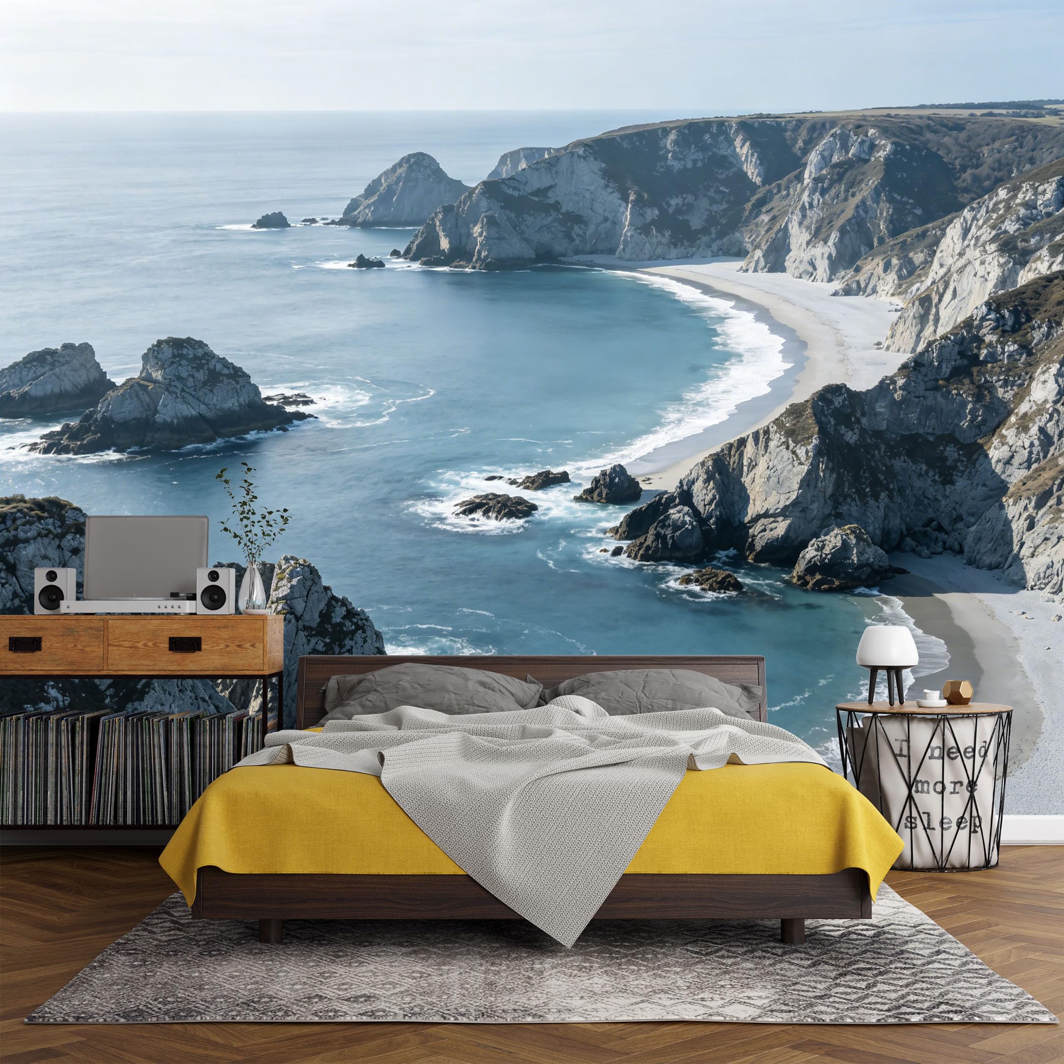 Custom Size Wall Mural， Coastal Cliff Ocean Shoreline Waves Landscape，SelfAdhesive Art Prints wall Fabric (No PVC) Removable Wallpaper Living Room Decor