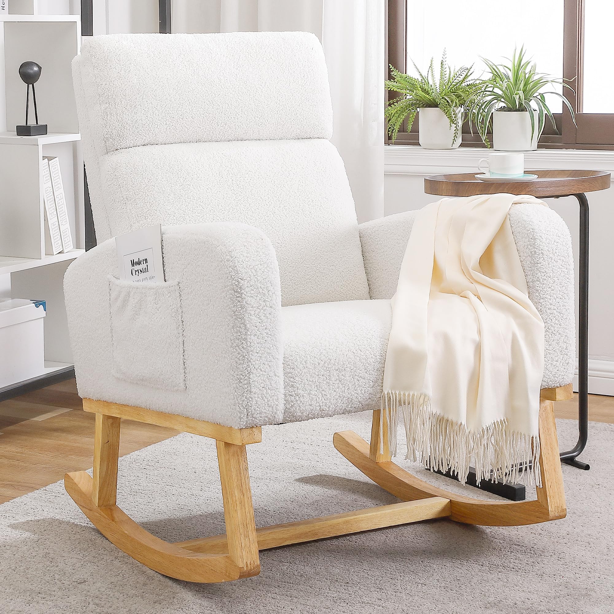 YUUIJOAA Rocking Chair Nursery - Glider Modern Accent Chairs Upholstered Teddy Fabric Nursing Rocker Padded Armchair for Indoor Living Room Bedroom White