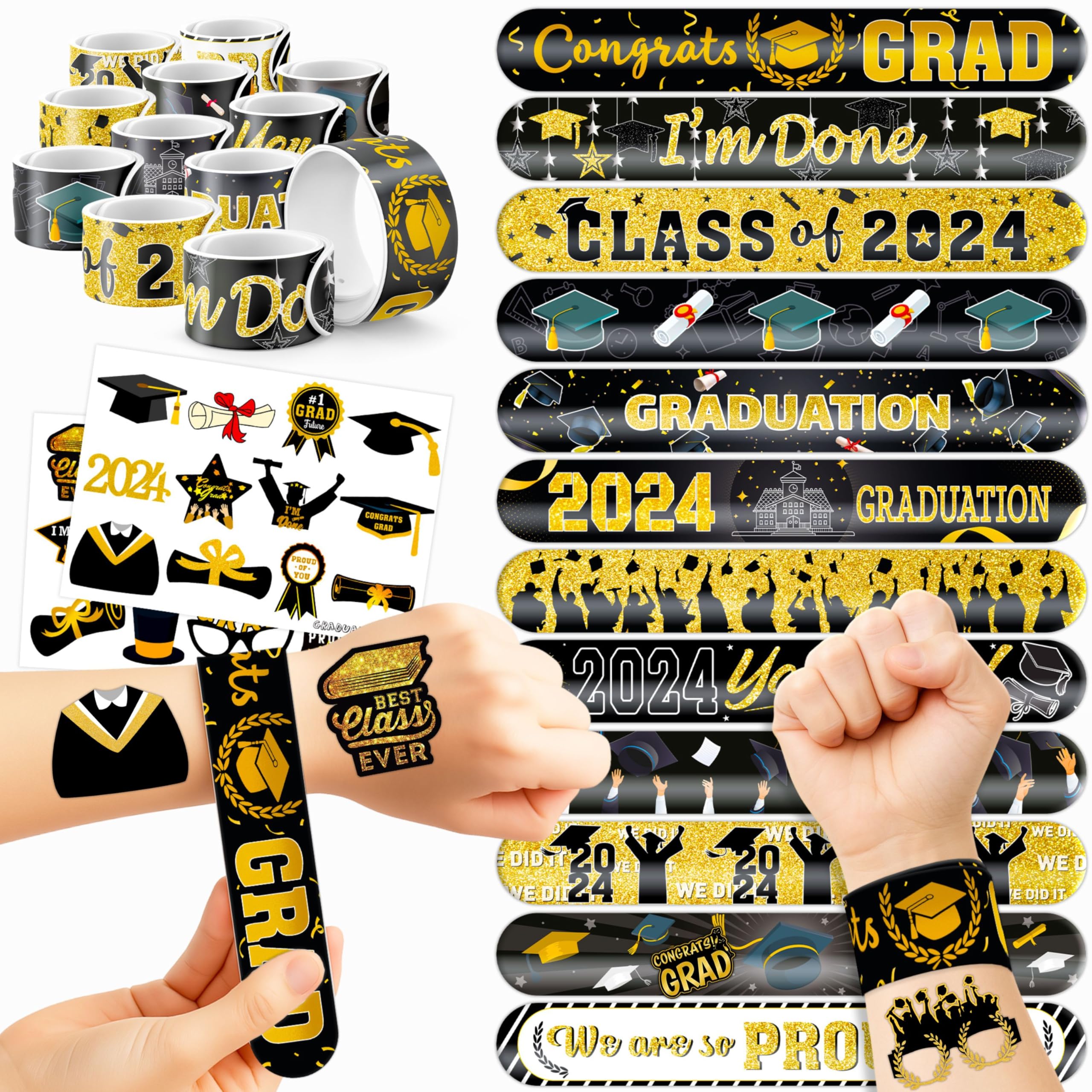 48 PCS 2025 Graduation 24PCS Temporary Tattoos Stickers 24PCS Slap Bracelets Wristbands Perfect for Black Gold Themed Class Party Supplies Grad & So