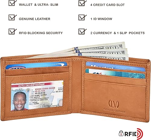 Miniatura 7 de VALENCHI Cartera plegable de cuero genuinoreal para hombres - Bloqueo RFIDcartera delgada para hombre protegida, Lavado Bronceado BF01, Pequeña,