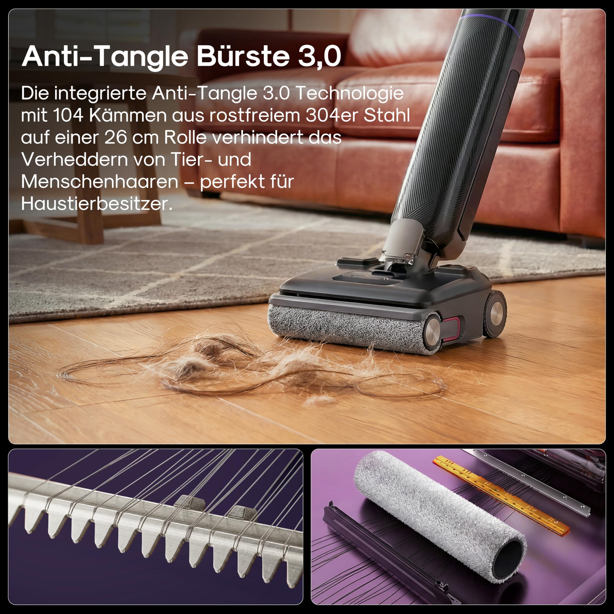 Eureka FloorShine 830 Nass Trockensauger Akku für Hartböden, 24.000 Pa Saugwischer 180° Flachliege, Anti-Tangle 3,0, Selbstreinigung & 75°C Heißlufttrocknung, 60 Min Laufzeit, Nasssauger Böden