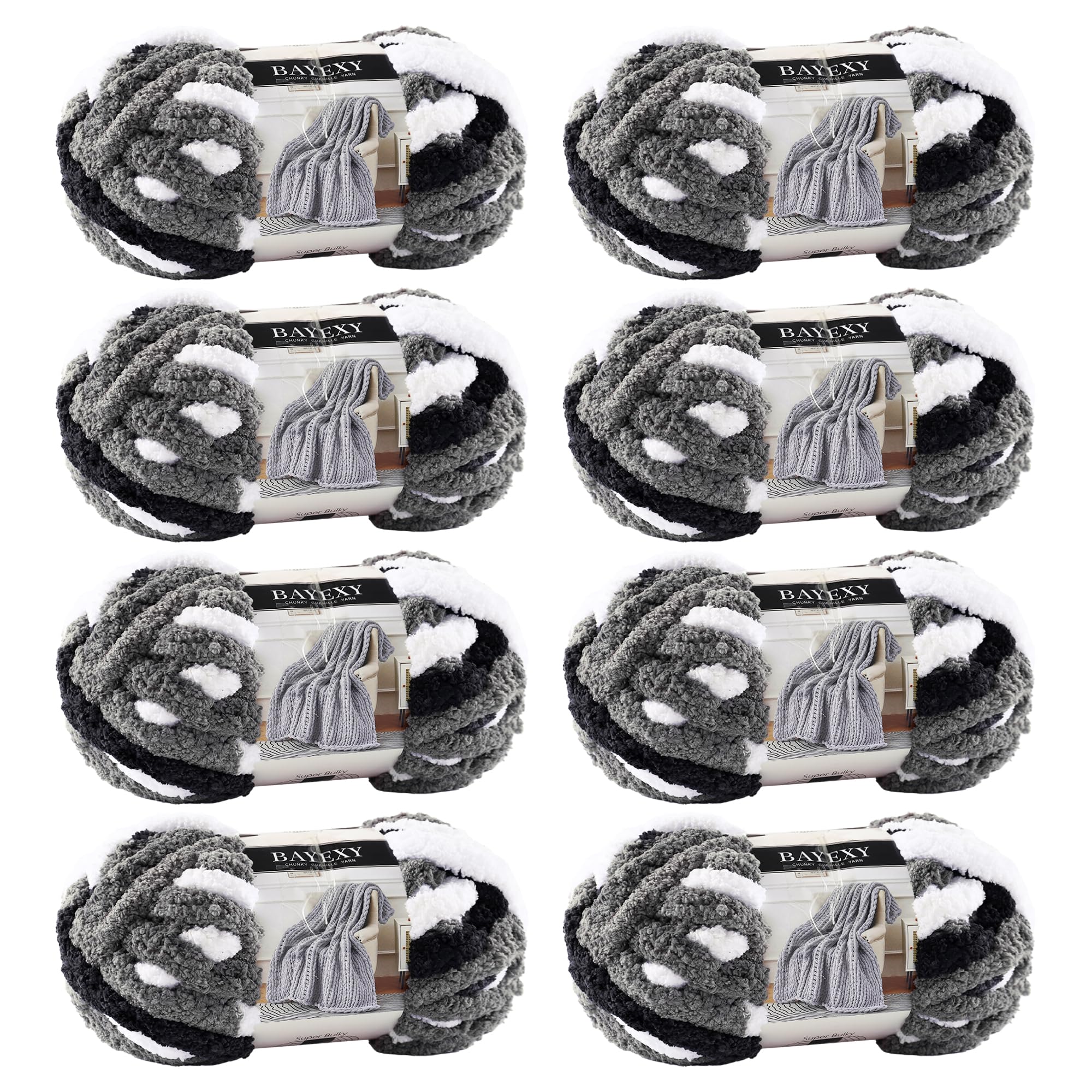 Chunky Chenille Yarn for Hand Knitting 8 Jumbo Pack Jumbo Chunky Yarn for Hand Soft Blanket Knitting, Bulky Thick Fluffy Yarn for Crocheting (Panda Color)