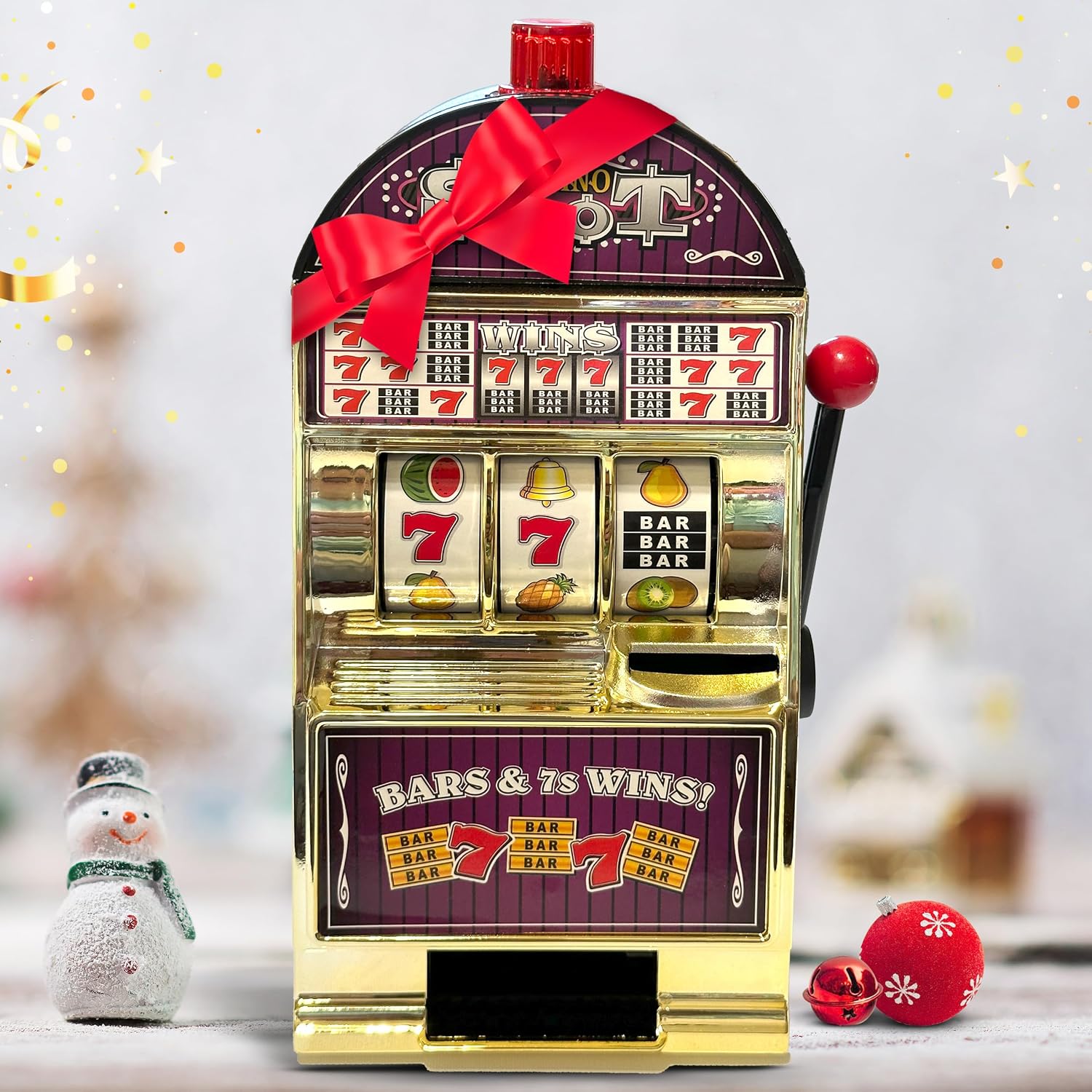 777 Gold Slot Machine Casino Toy Piggy Bank Replica with Flashing Lights and Jackpot Alert Sounds